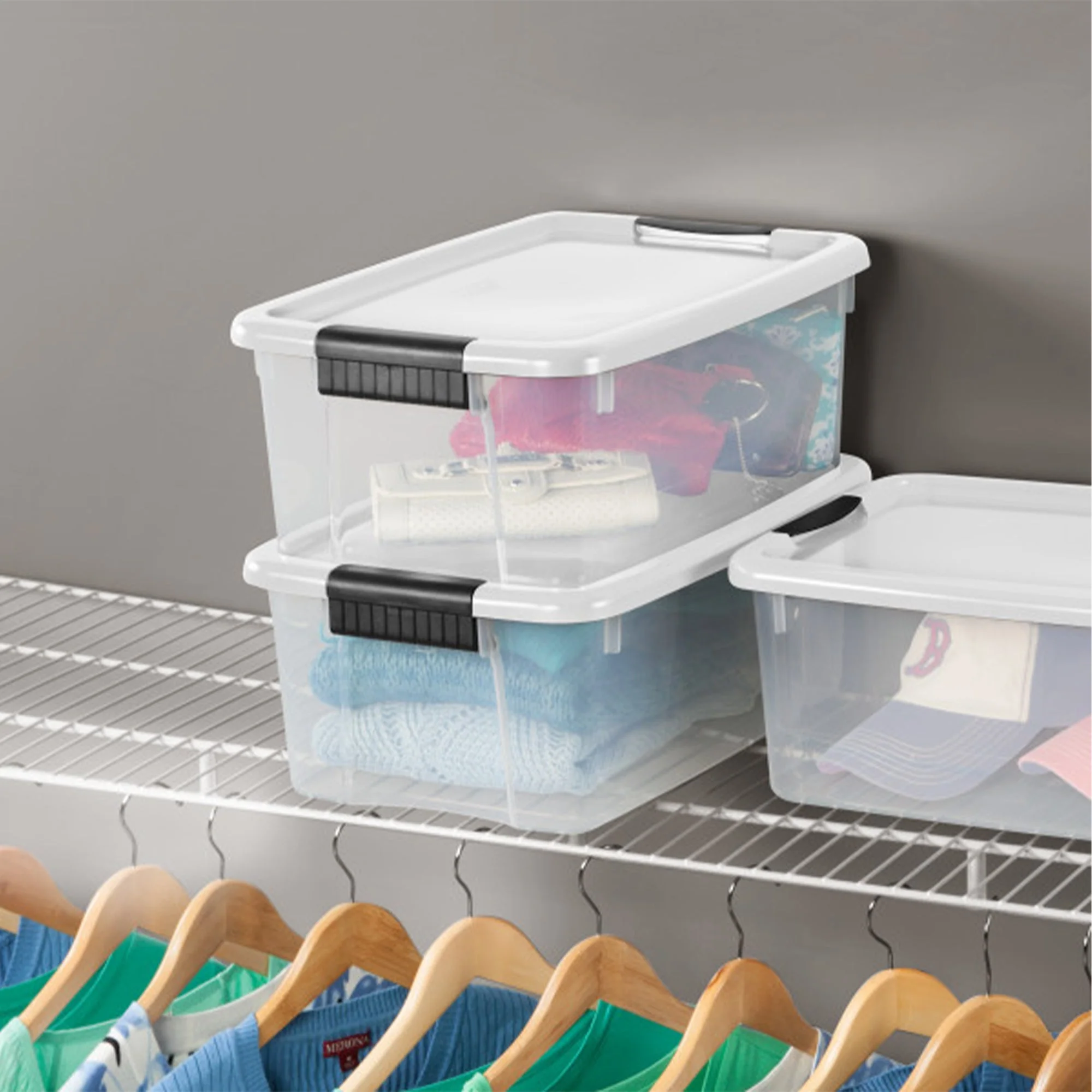 Sterilite 18 Qt Clear Plastic Stackable Storage Bin w/ White Latch Lid, 18 Pack - Image 5
