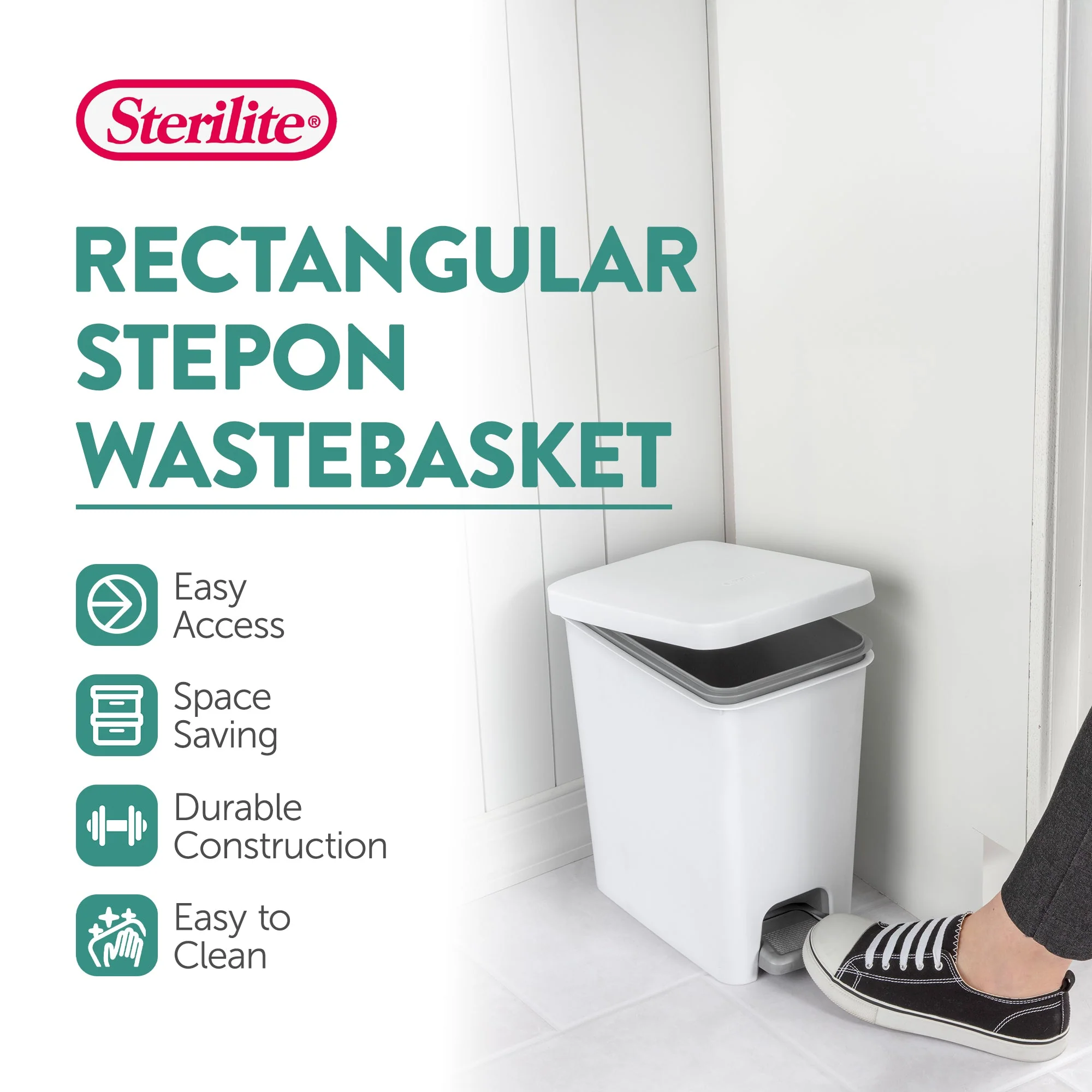 Sterilite 2.7 Gallon Rectangular Step On Trash Bin Wastebasket, White (2 Pack) - Image 3