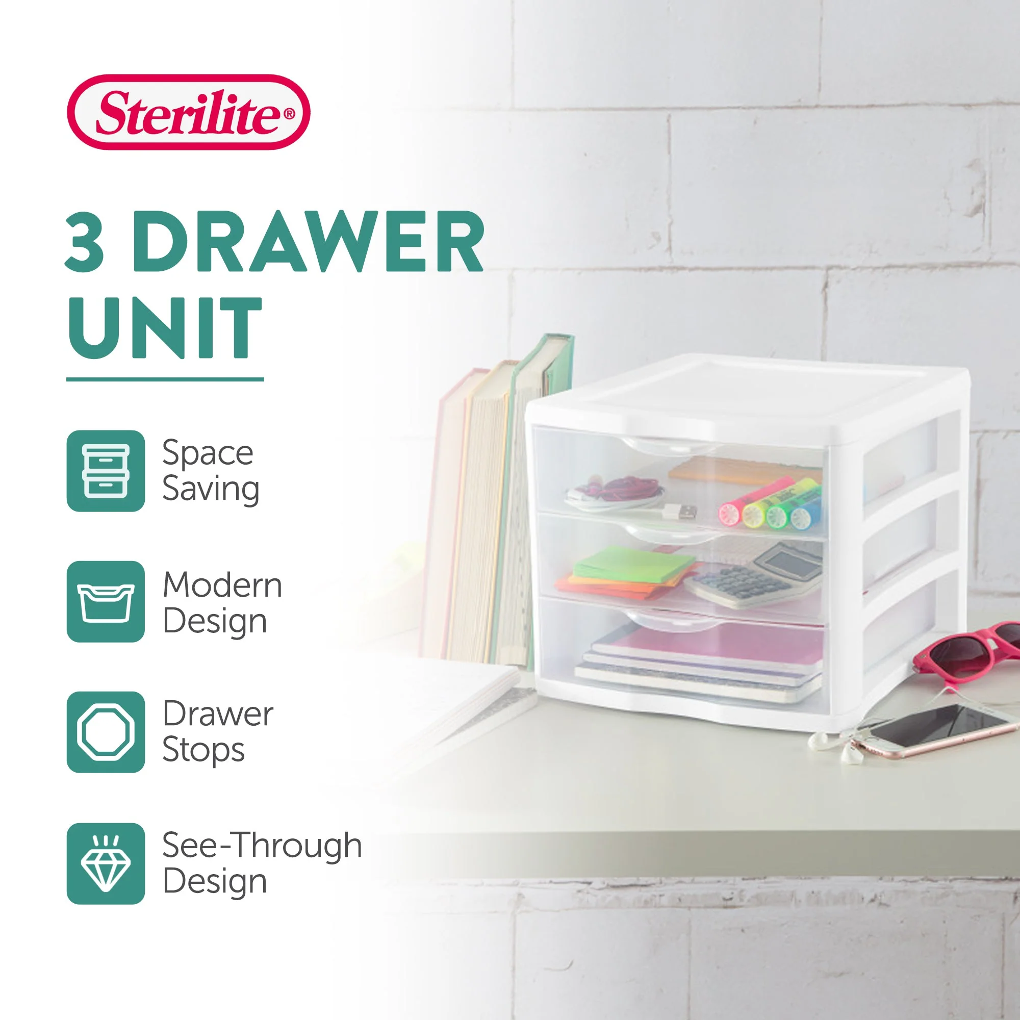 Sterilite 3 Clear Drawer Desktop Storage Unit Home Tabletop Organizer, 4 Pack - Image 2
