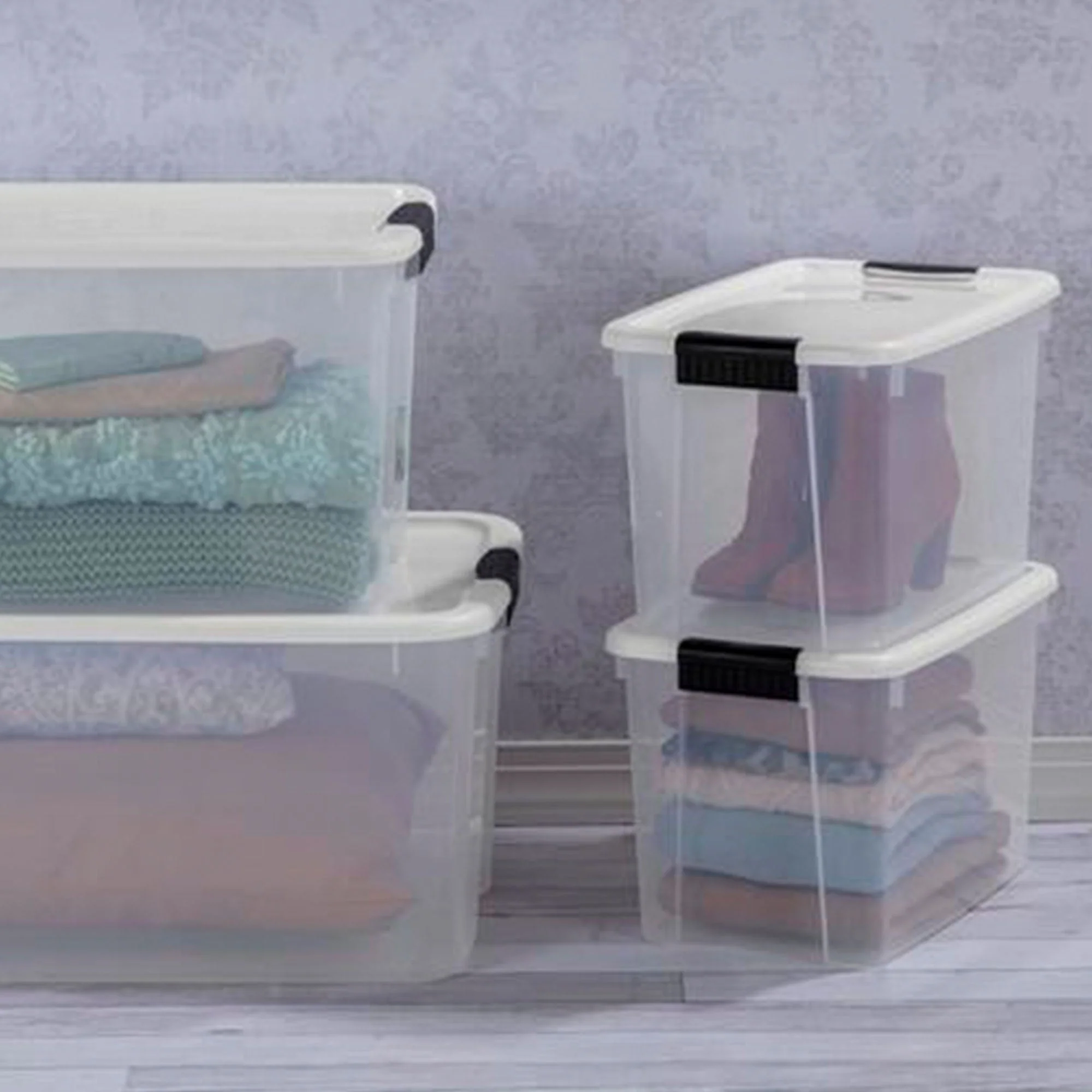 Sterilite 30 Qt Clear Plastic Stackable Storage Bin w/ Latch Lid, White (6 Pack) - Image 6