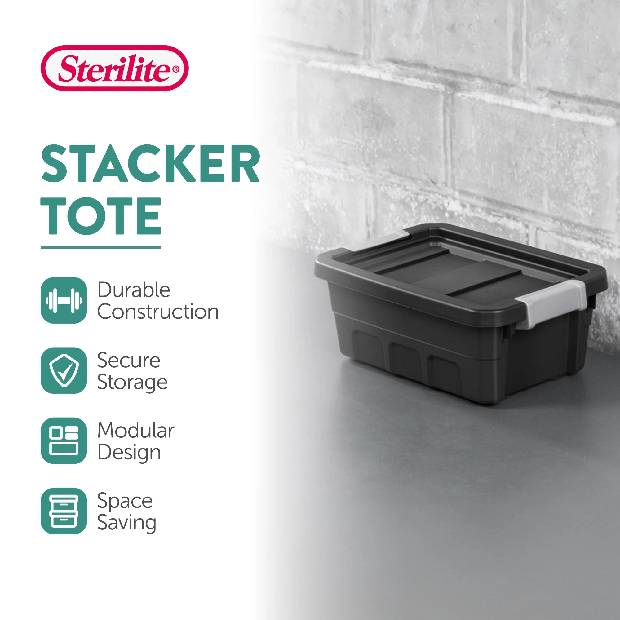 Sterilite 4 Gallon Industrial Storage Totes with Latch Clip Lids, 6 Pack, Black - Image 2