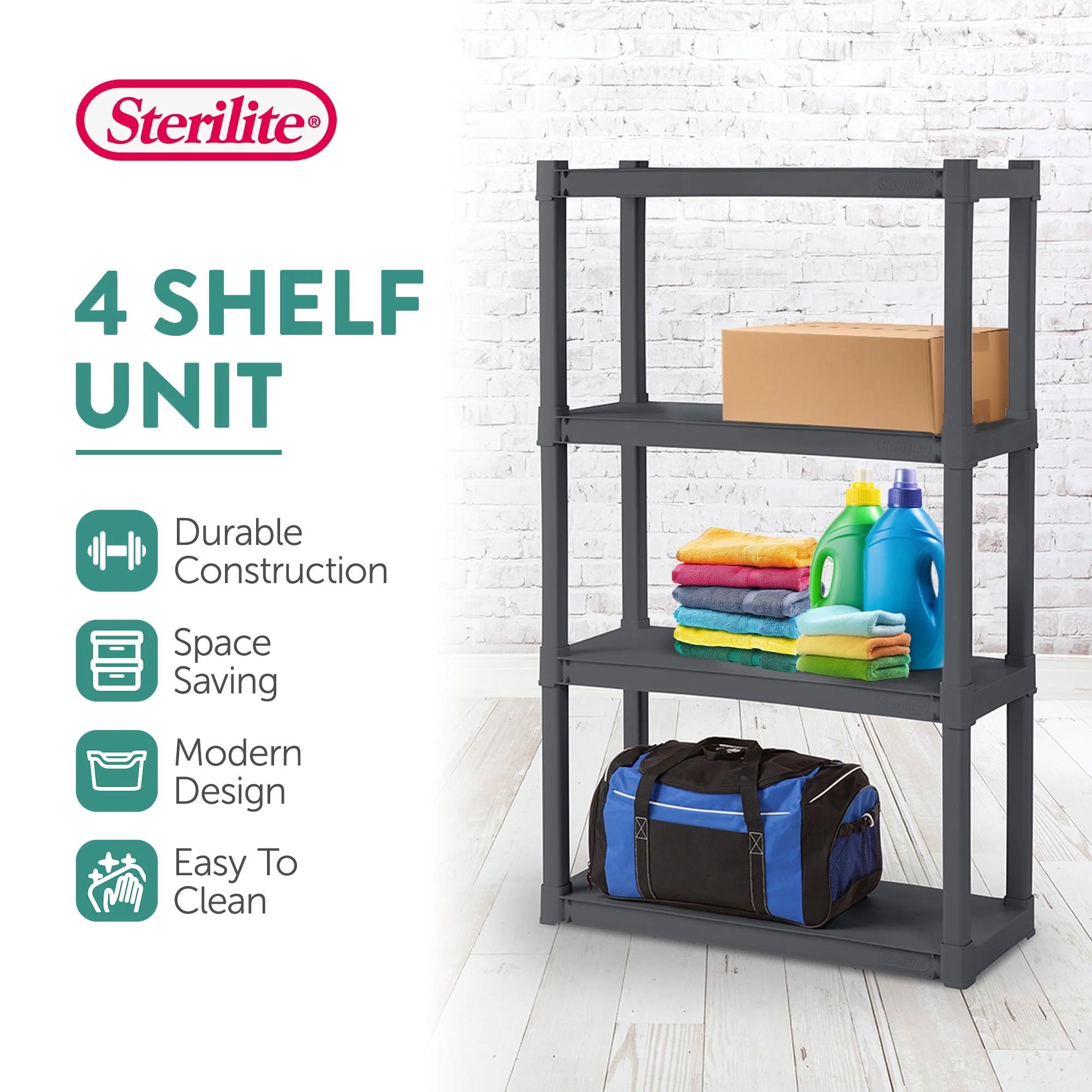 Sterilite 4 Shelf Durable Solid Surface Shelving Unit, Flat Gray (6 Pack) - Image 3