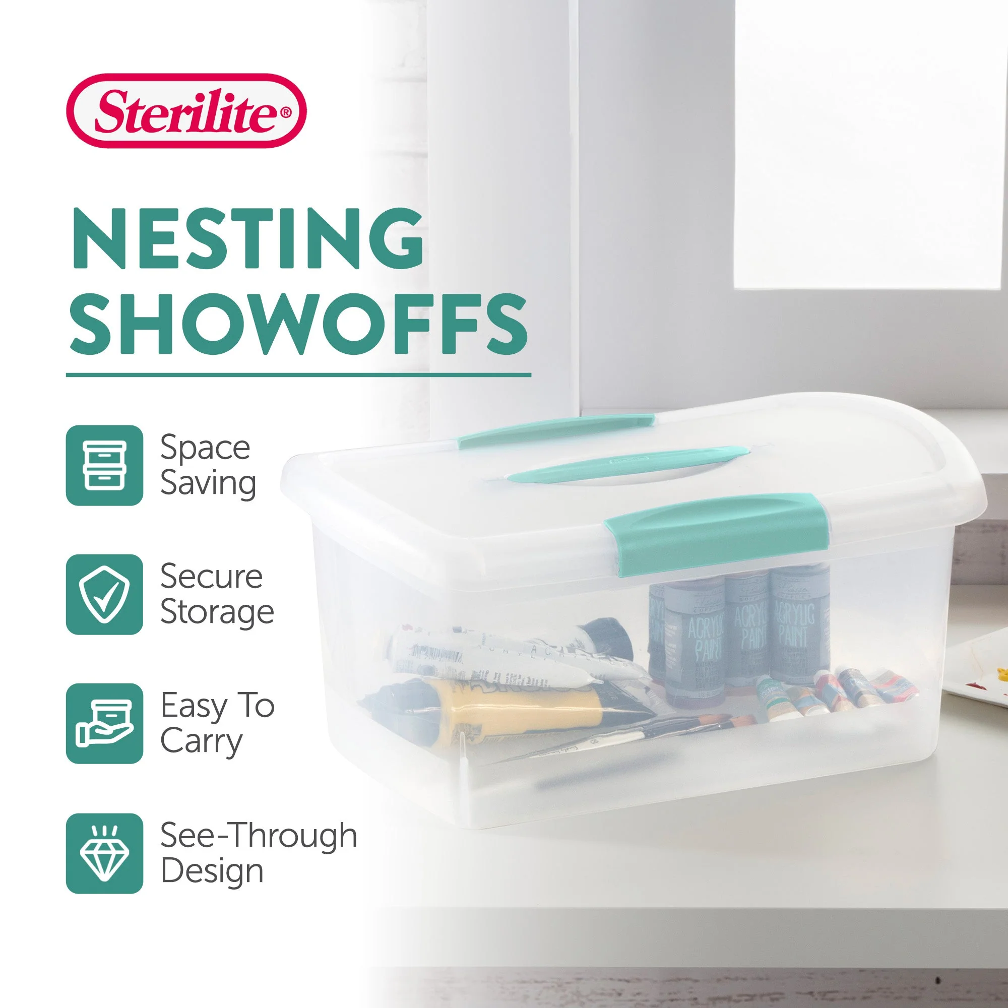Sterilite 6 Pack Stackable Storage Bin, Latch Lid, Medium Nesting ShowOff, Clear - Image 2