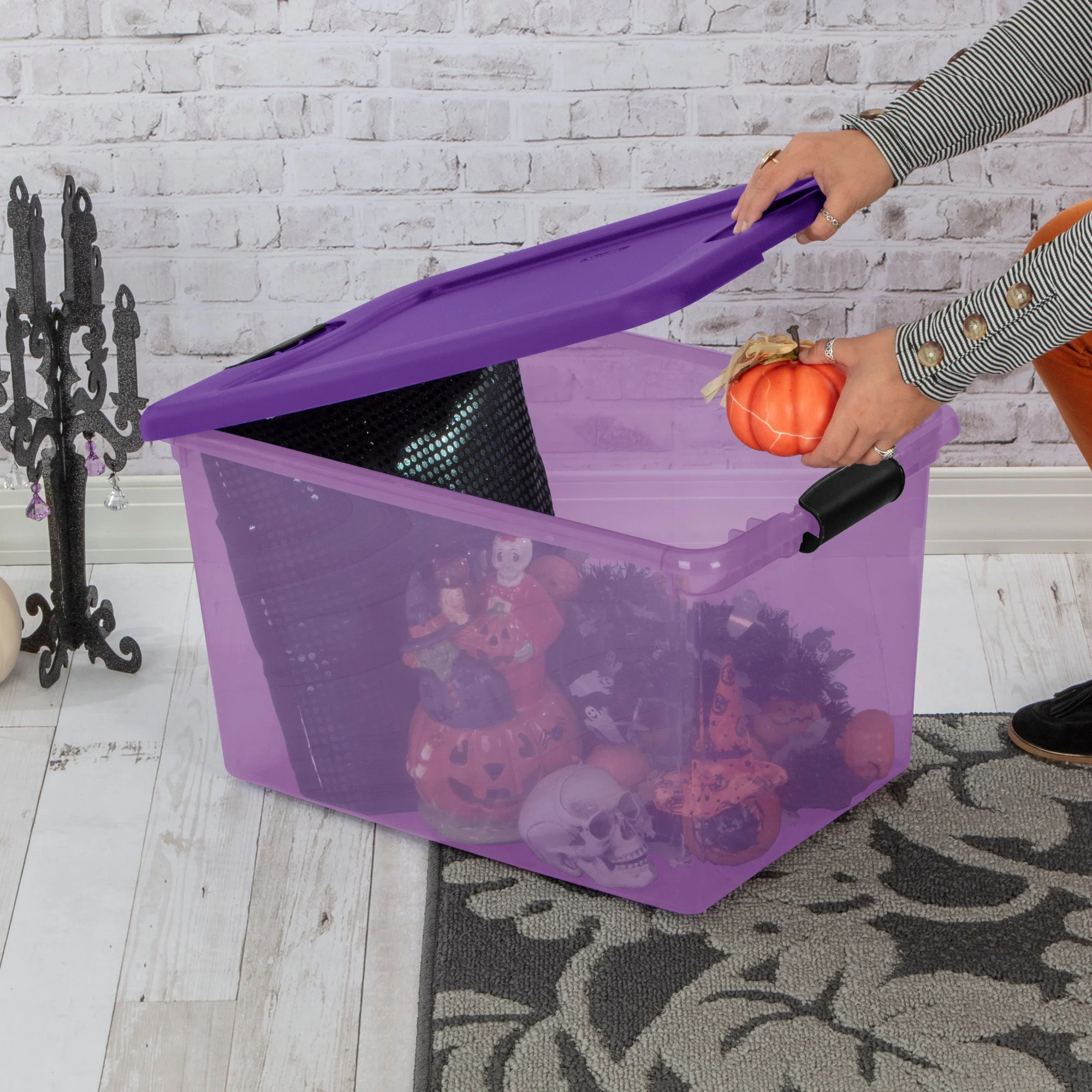 Sterilite 64 Quart Latching Plastic Storage Container, Purple & Orange (12 Pack) - Image 6