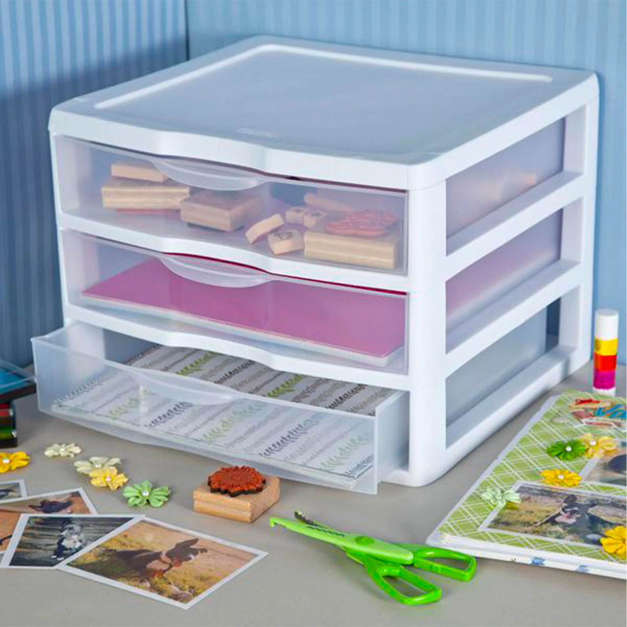 Sterilite Clear Plastic Stackable Small 3 Drawer Storage System, White, (12 Pack) - Image 8