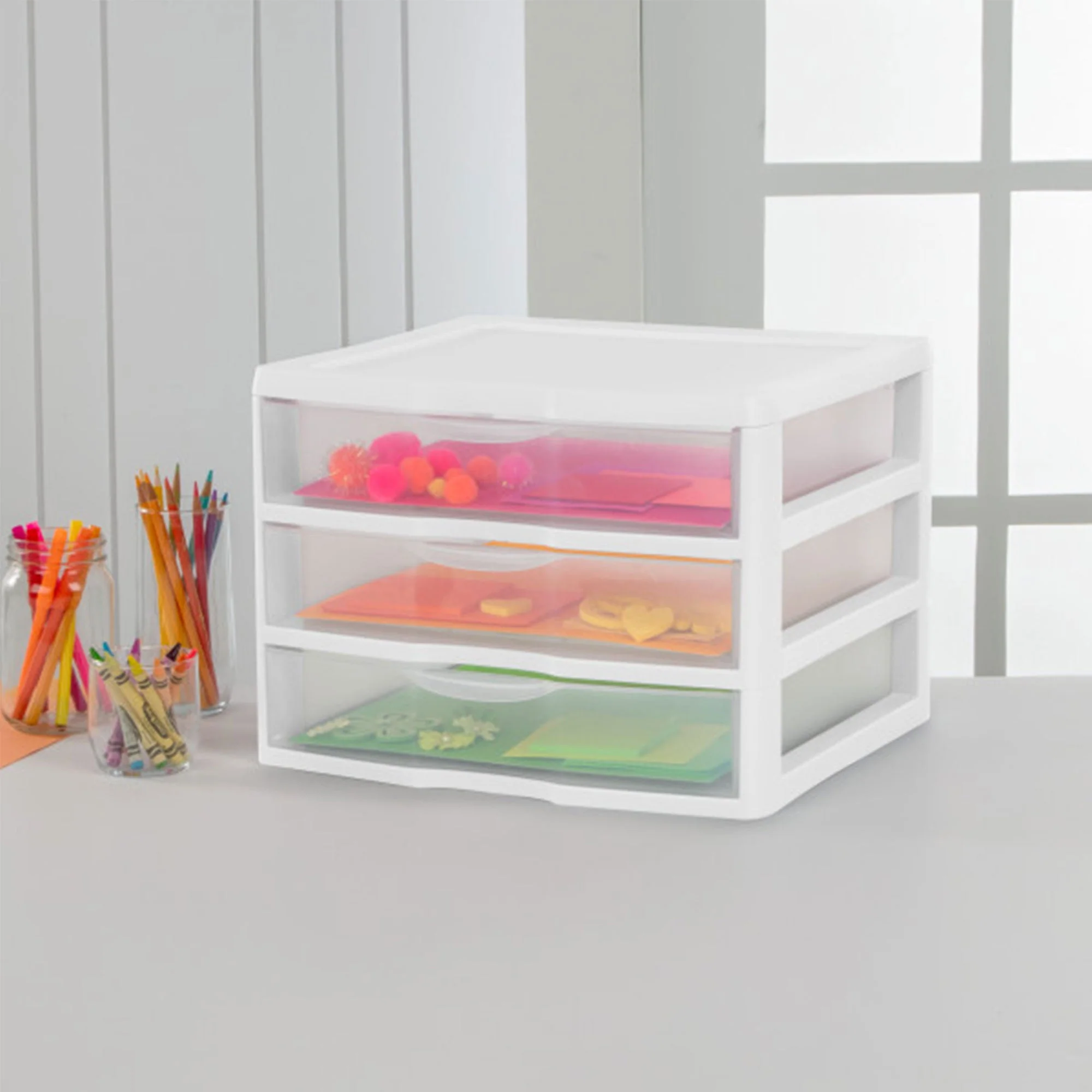 Sterilite Clear Plastic Stackable Small 3 Drawer Storage System, White, (9 Pack) - Image 6