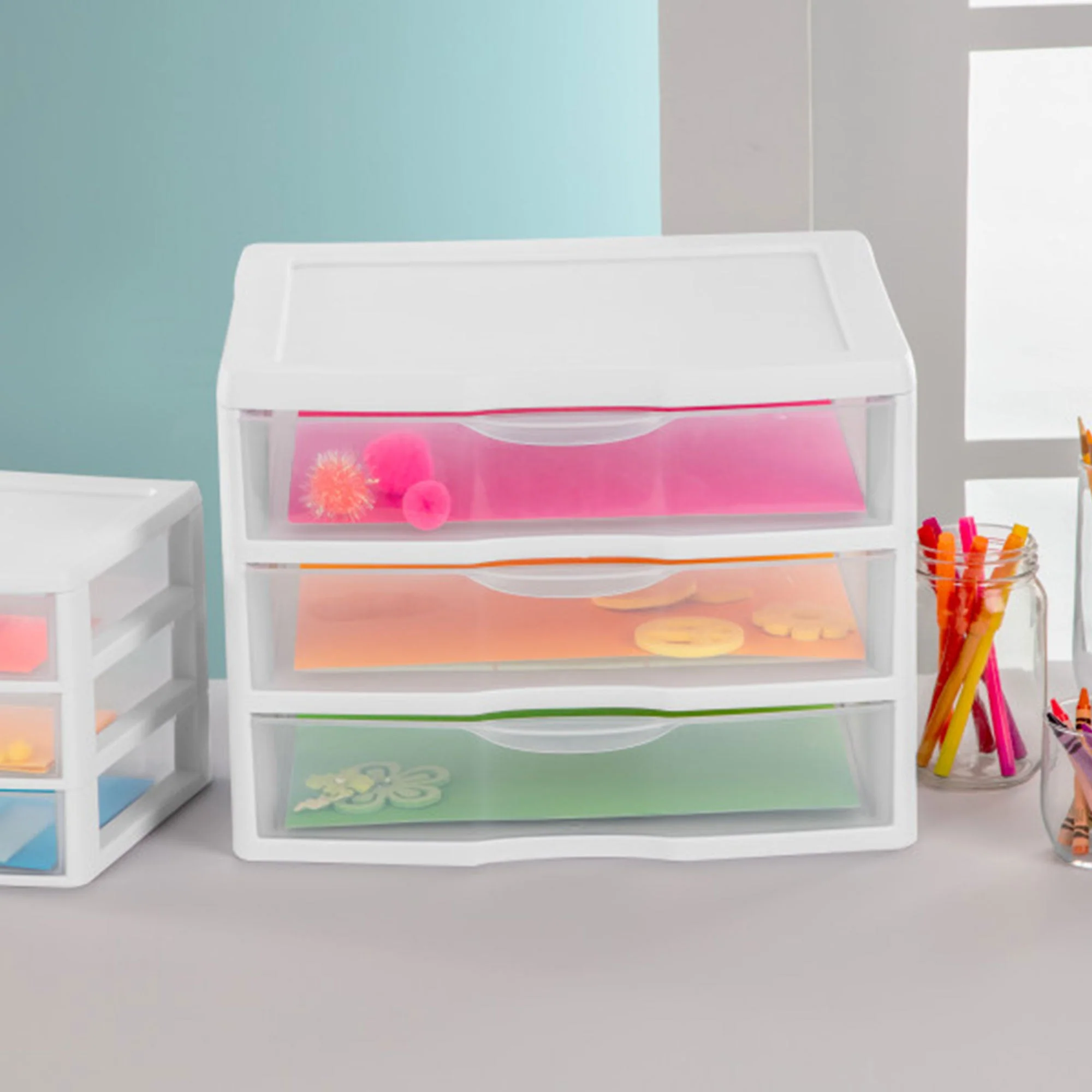 Sterilite Clear Plastic Stackable Small 3 Drawer Storage System, White, (9 Pack) - Image 7