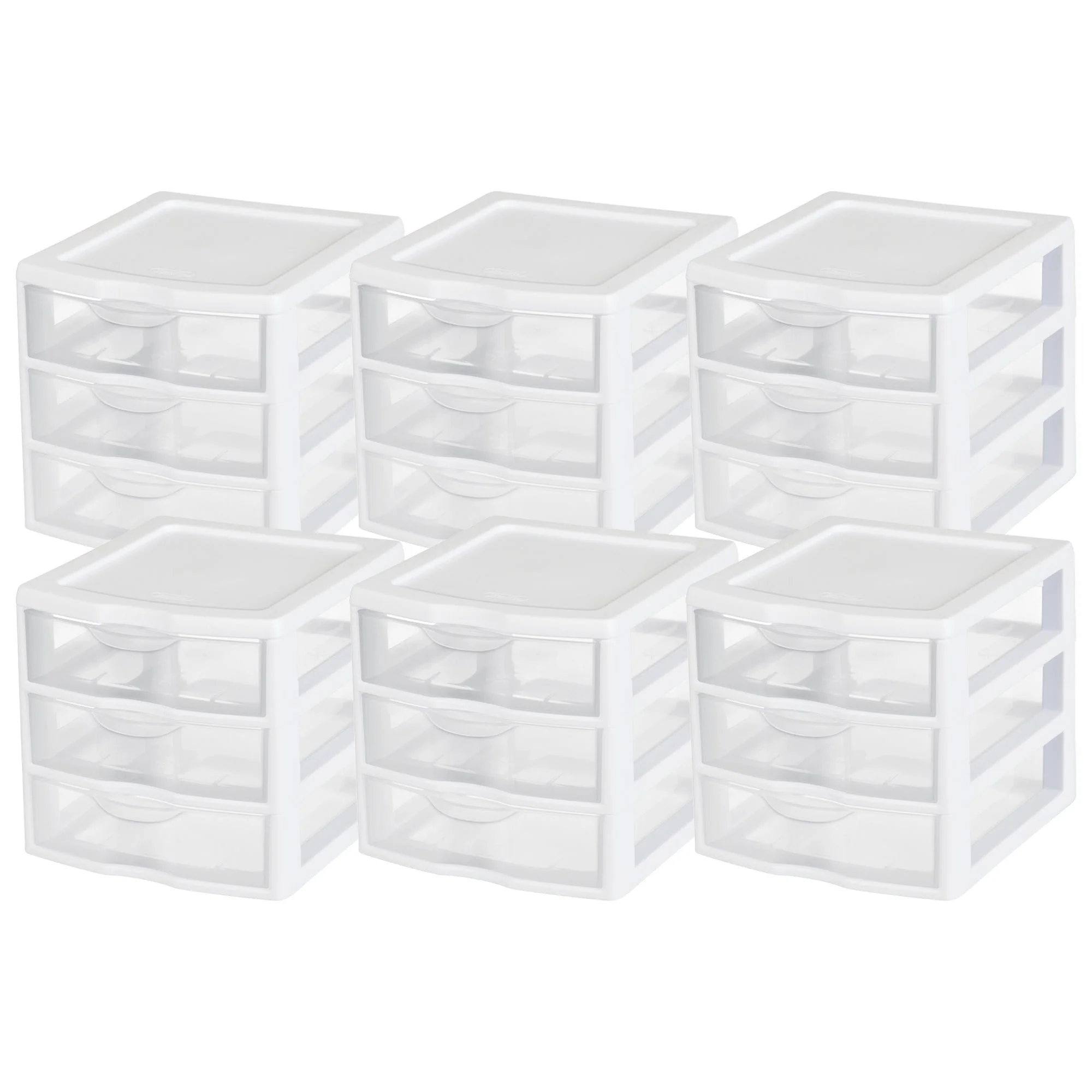 Sterilite ClearView Plastic Small 3 Drawer Desktop Storage Unit, White, 6 Pack