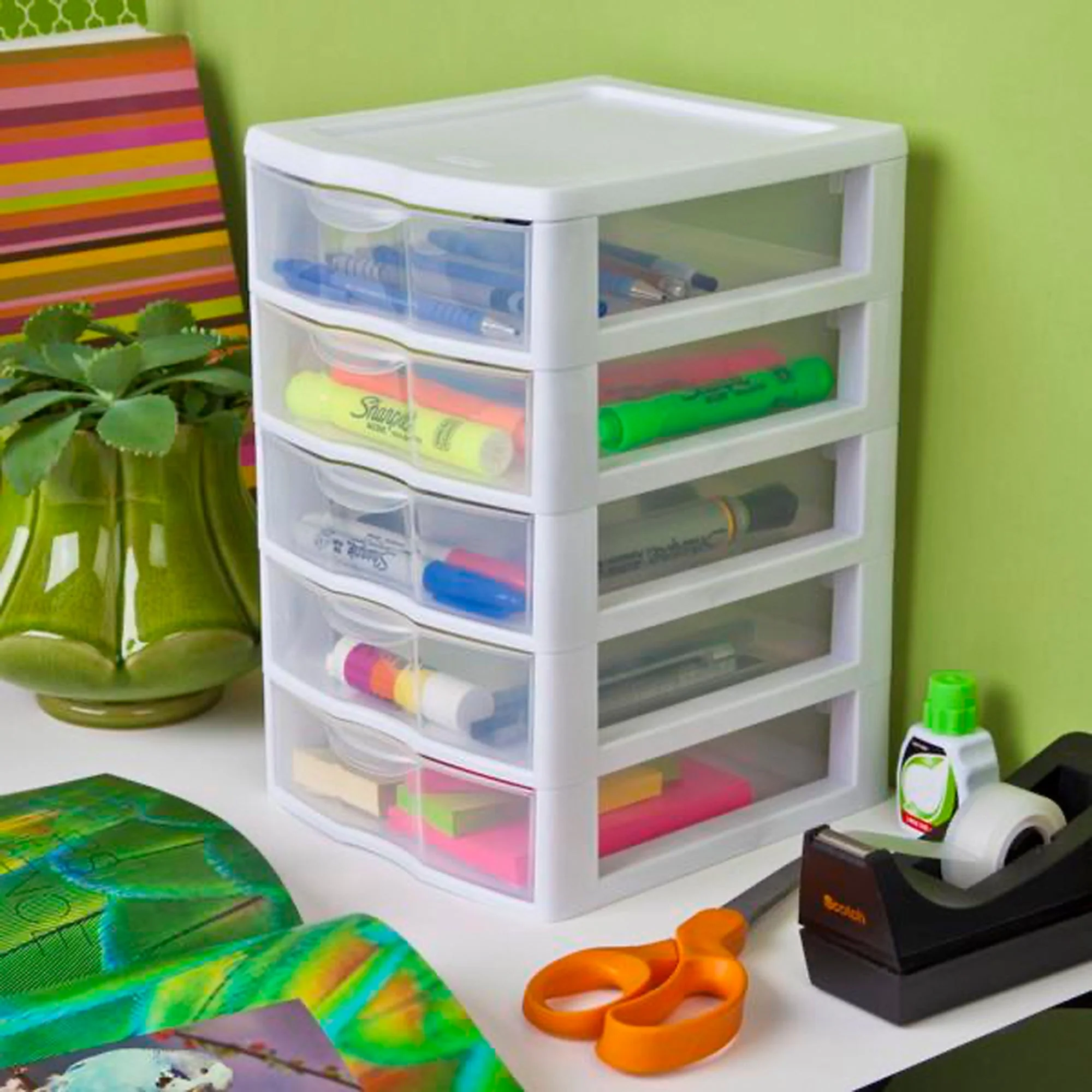 Sterilite Clearview Small Plastic 5 Drawer Desktop Storage System, 4 Pack, White - Image 8