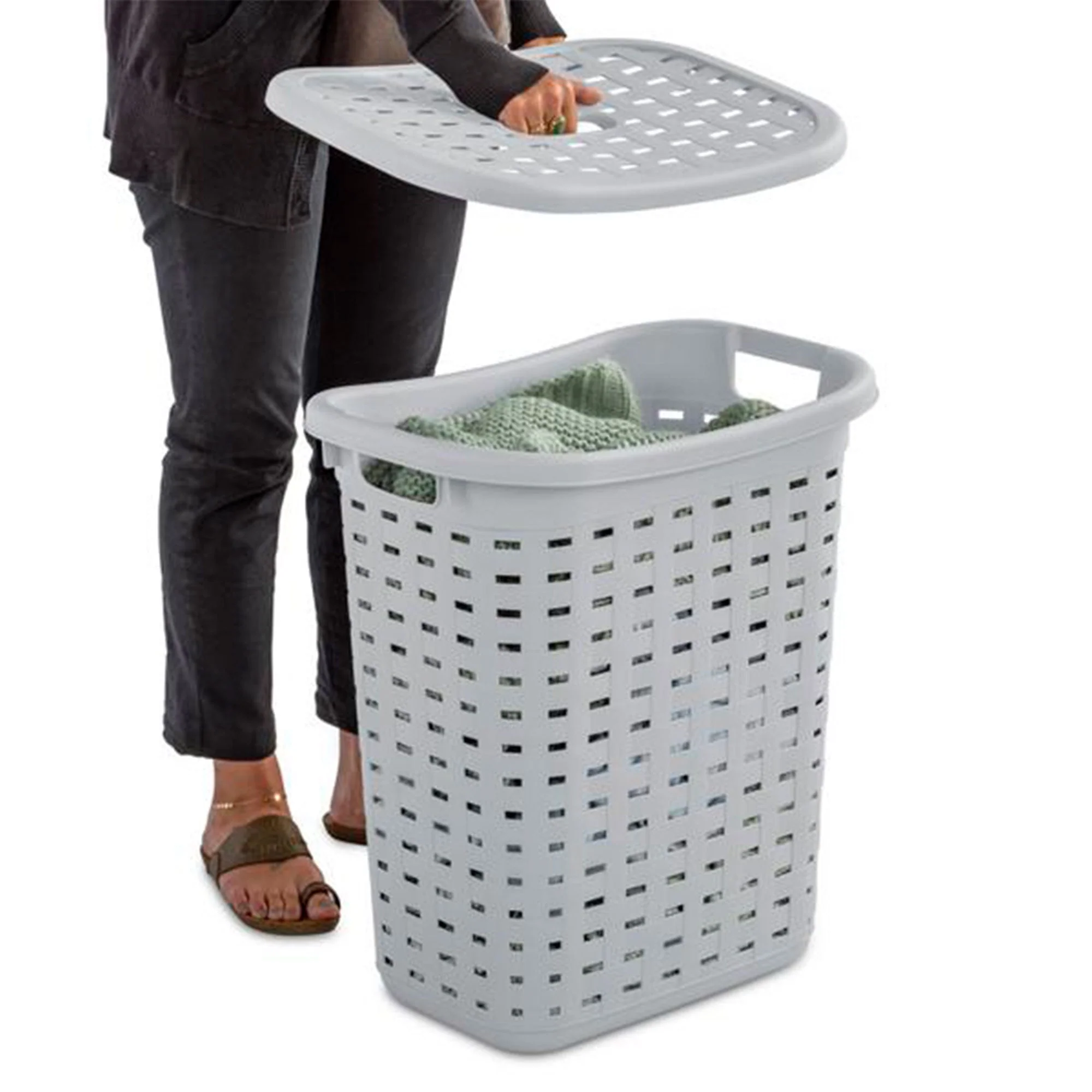 Sterilite Plastic Weave Laundry Hamper Slim Clothes Lidded Basket, Gray, 12-Pack - Image 8