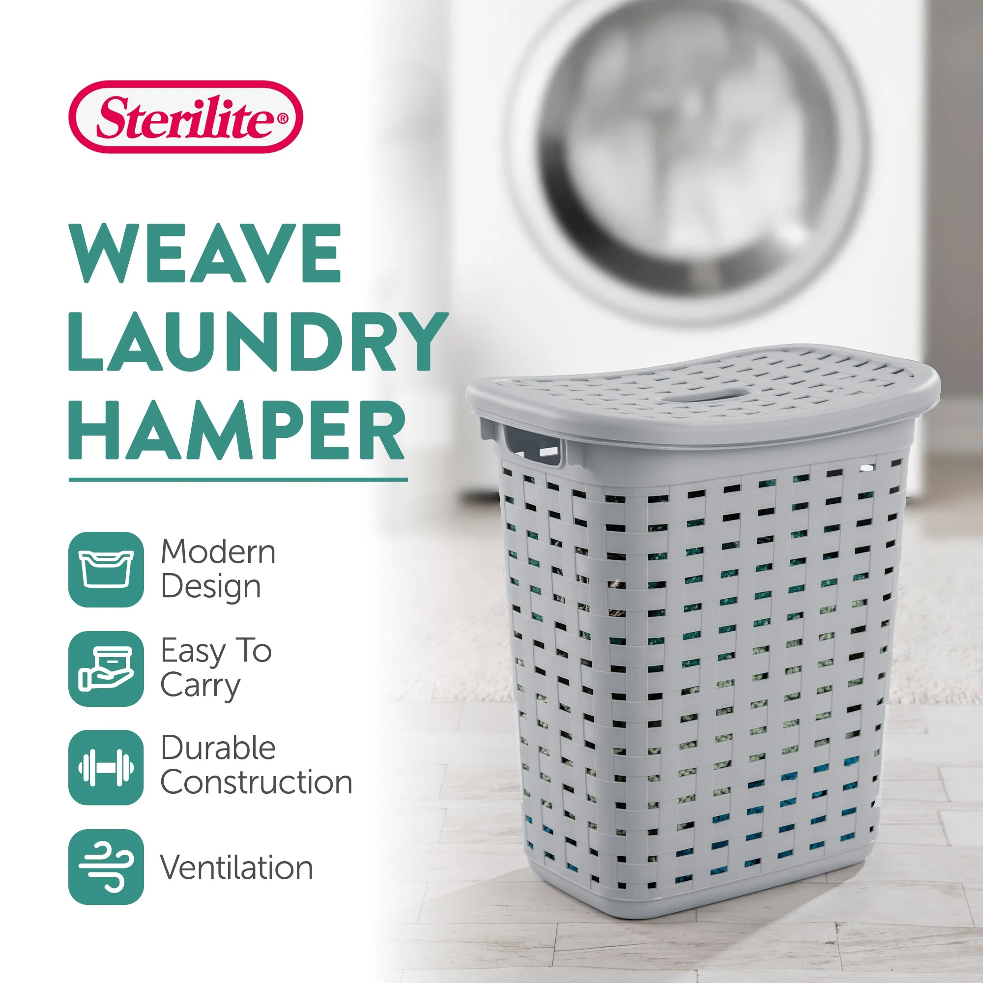 Sterilite Plastic Weave Laundry Hamper Slim Clothes Lidded Basket, Gray, 4-Pack - Image 4