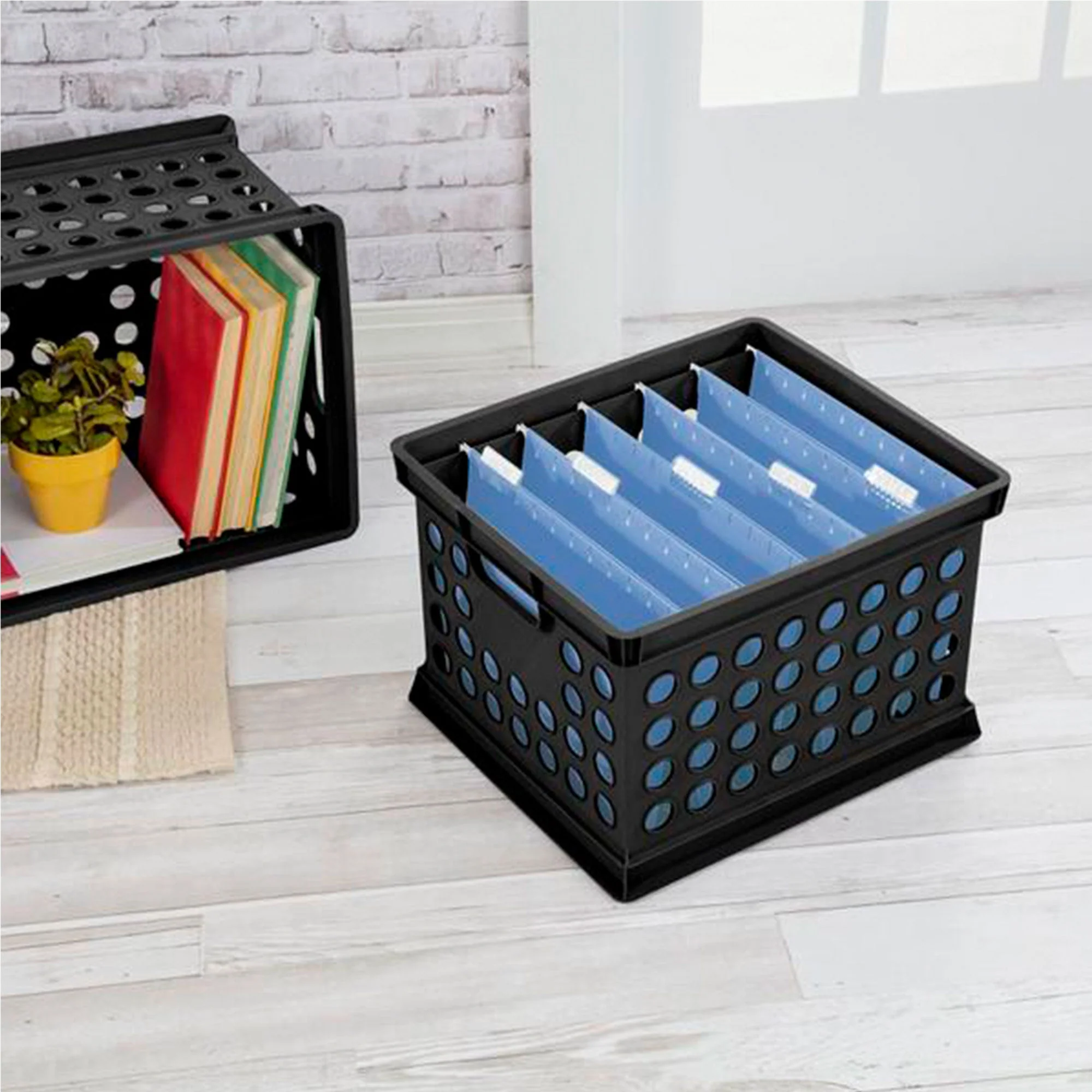 Sterilite Stackable Plastic Storage Open Crate Bin Organizer Box, Black (6 Pack) - Image 6