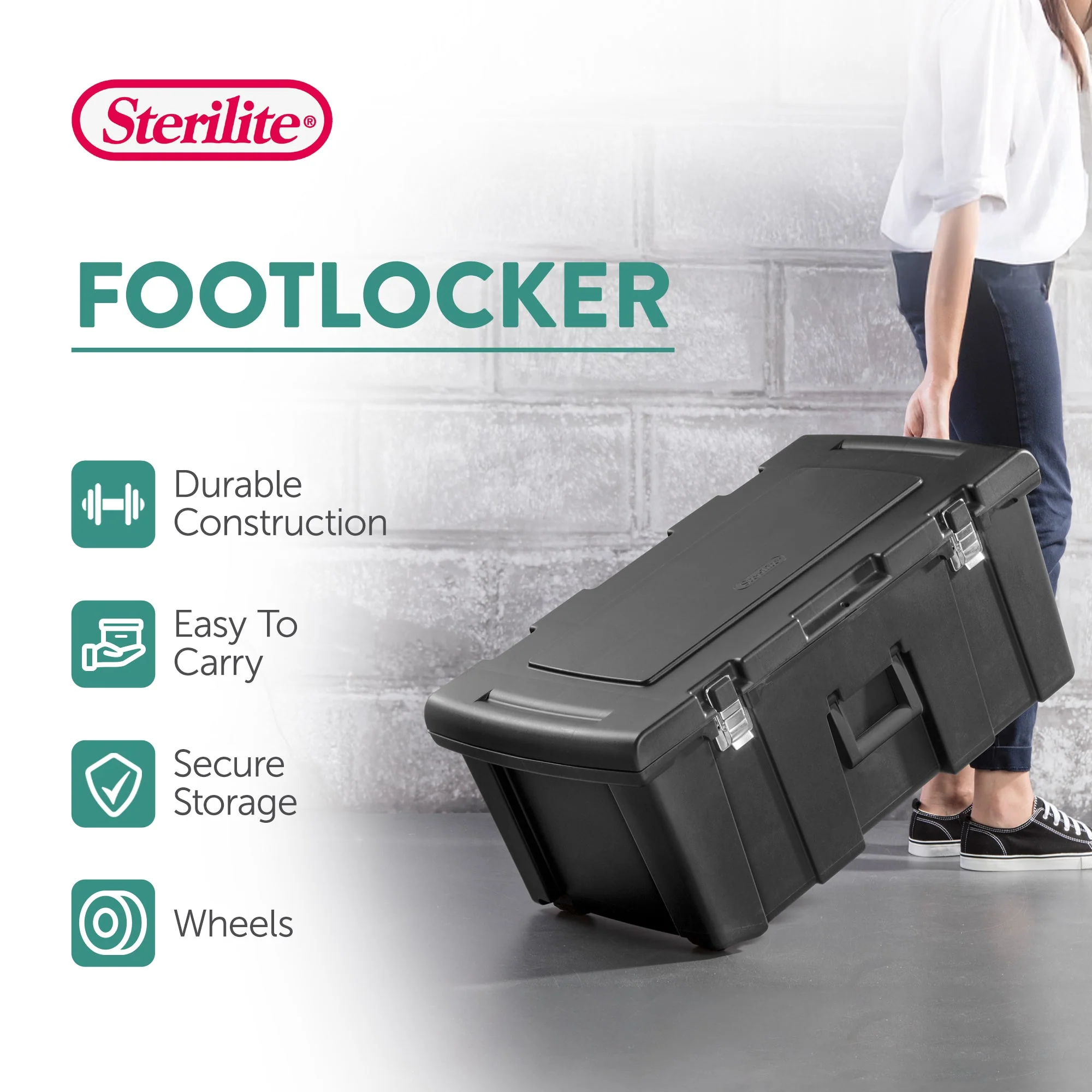 Sterilite Wheeled Footlocker, Plastic Utility Storage Container, Gray, 2 Pack - Image 3