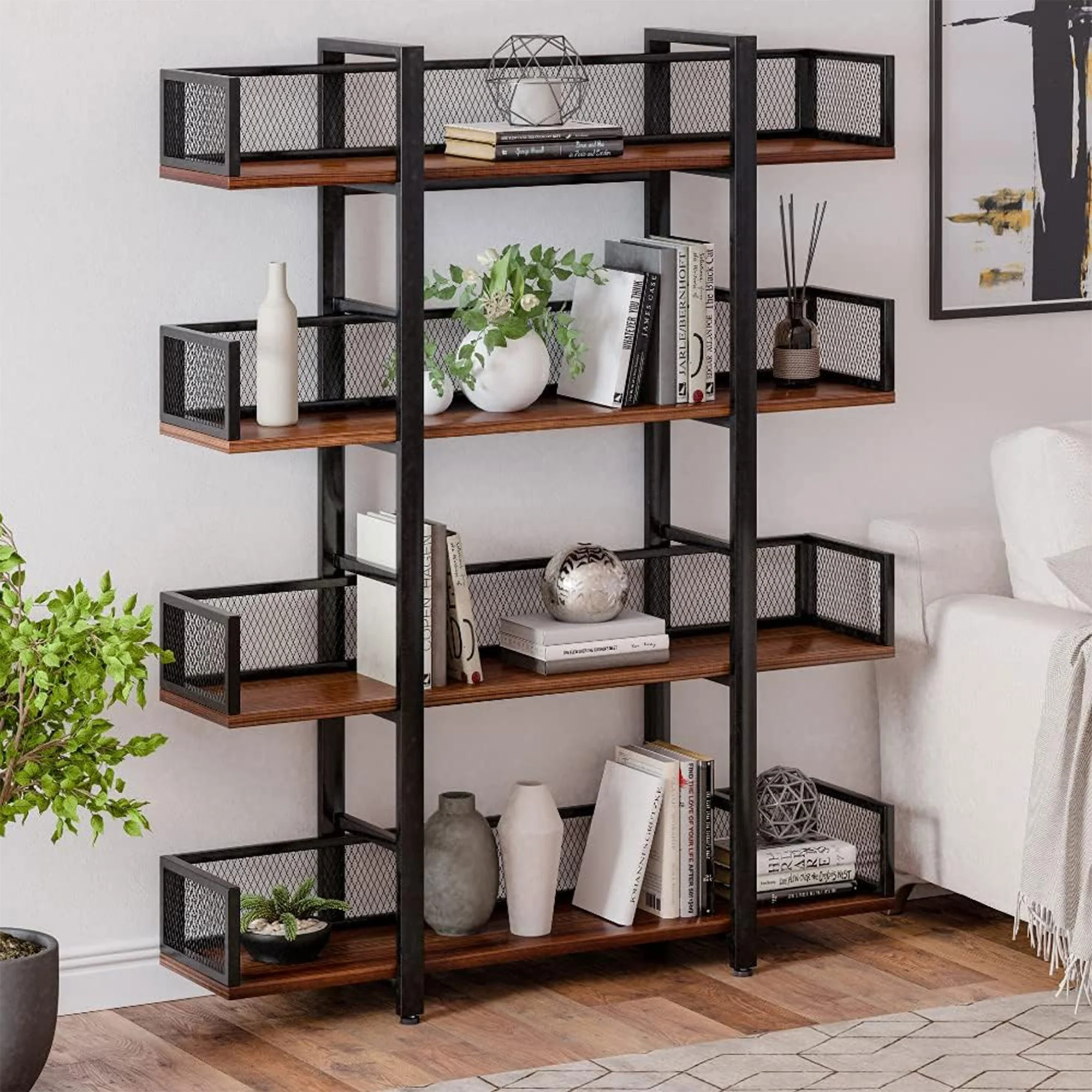 Sturdis 4 Tier Solid Wood Metal Industrial Bookshelf with Mesh Barriers, Black - Image 7