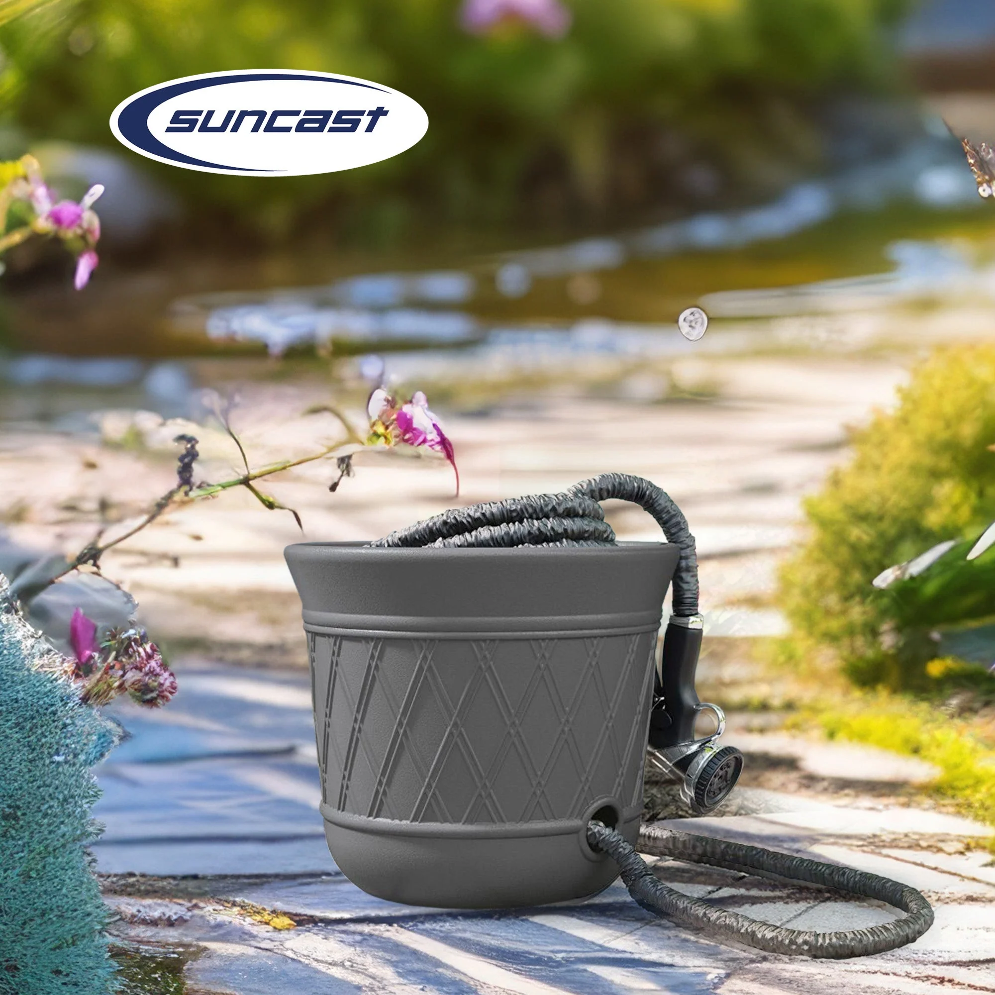 Suncast 14 x 12 Inch Decorative Hideaway Garden Hose Storage Pot, Gray (2 Pack) - Image 4