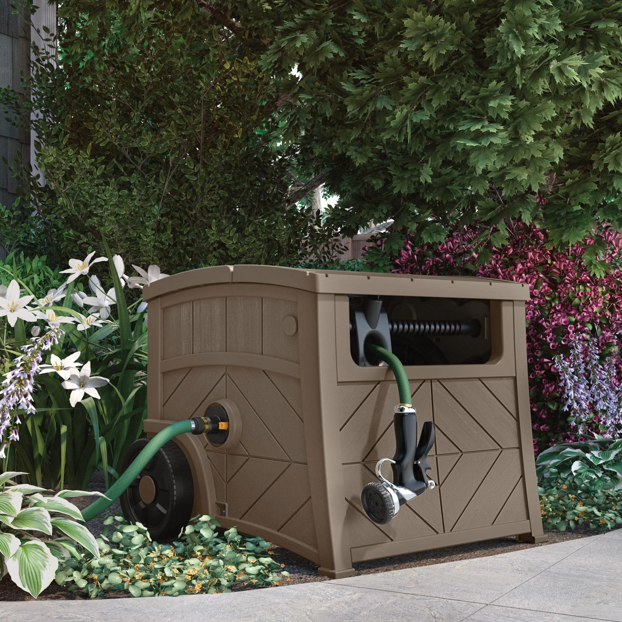 Suncast 150 Foot Baywood Smart Tube Wheeled Hose Reel Hideaway Cart, Dark Taupe - Image 7