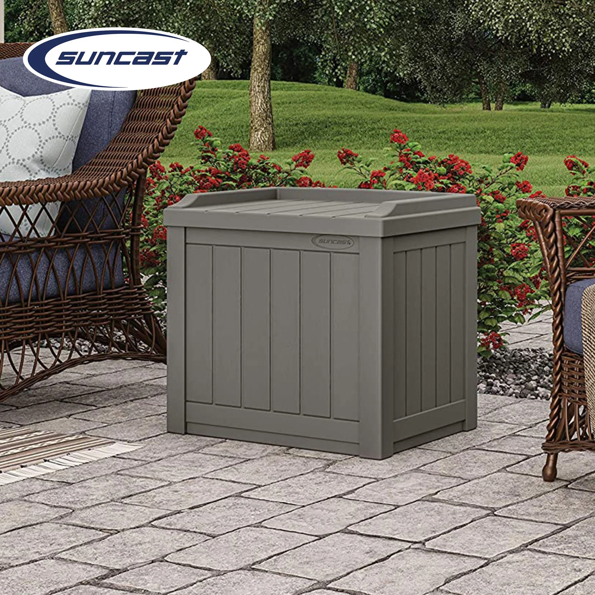 Suncast 22 Gallon Outdoor Patio Small Deck Box with Storage Seat, Stone (4 Pack) - Image 4