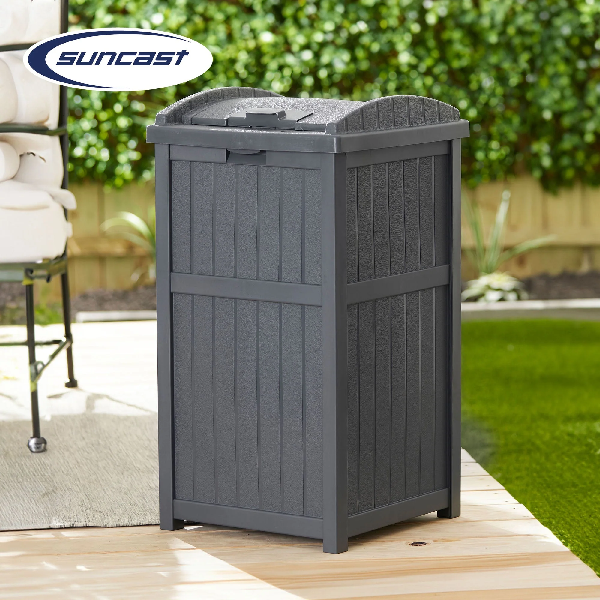 Suncast 22 Gallon Outdoor Small Deck Box & 30 Gallon Trash Waste Bin, Cyberspace - Image 6