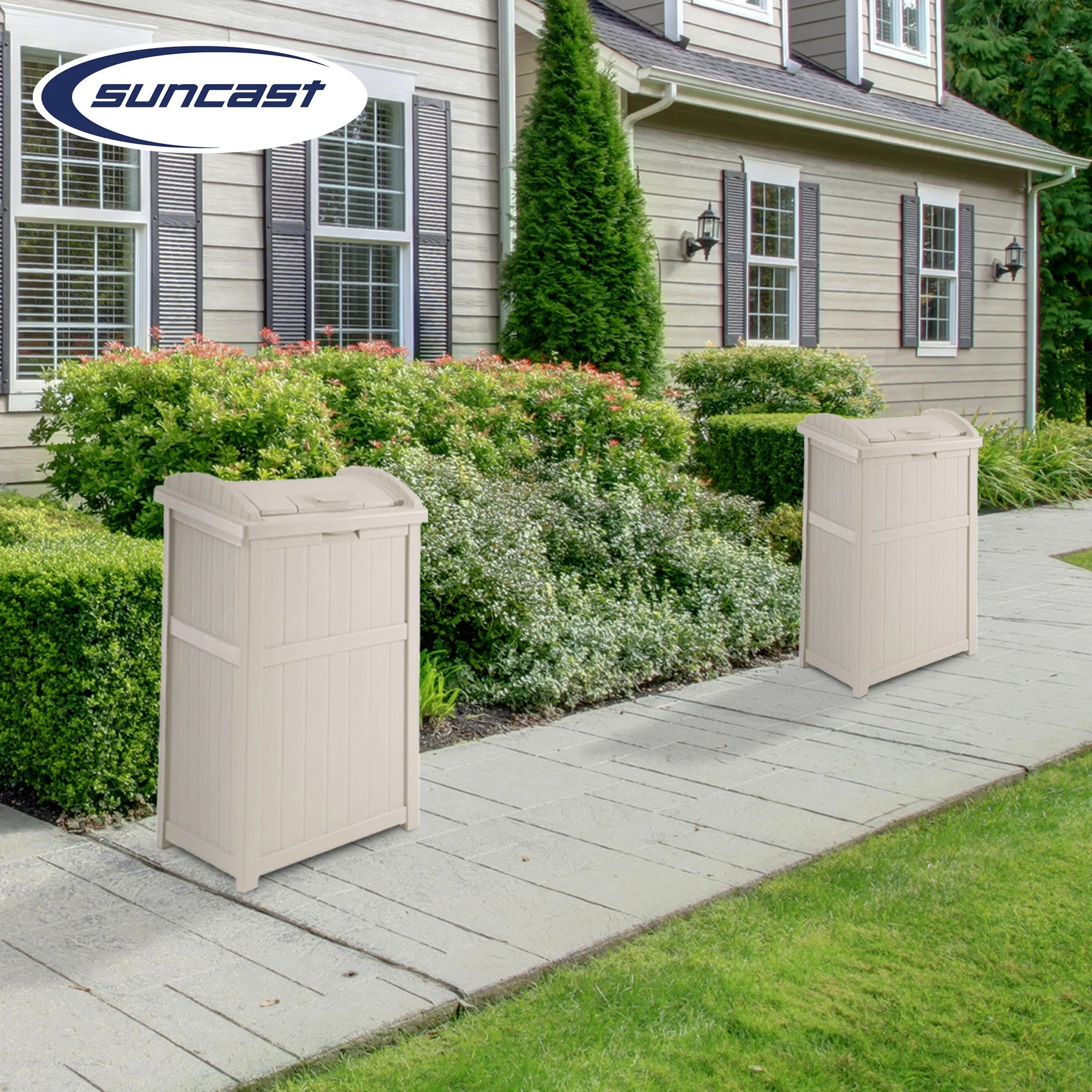 Suncast 30-33 Gallon Deck Patio Resin Garbage Trash Can Hideaway, Taupe (2 Pack) - Image 5