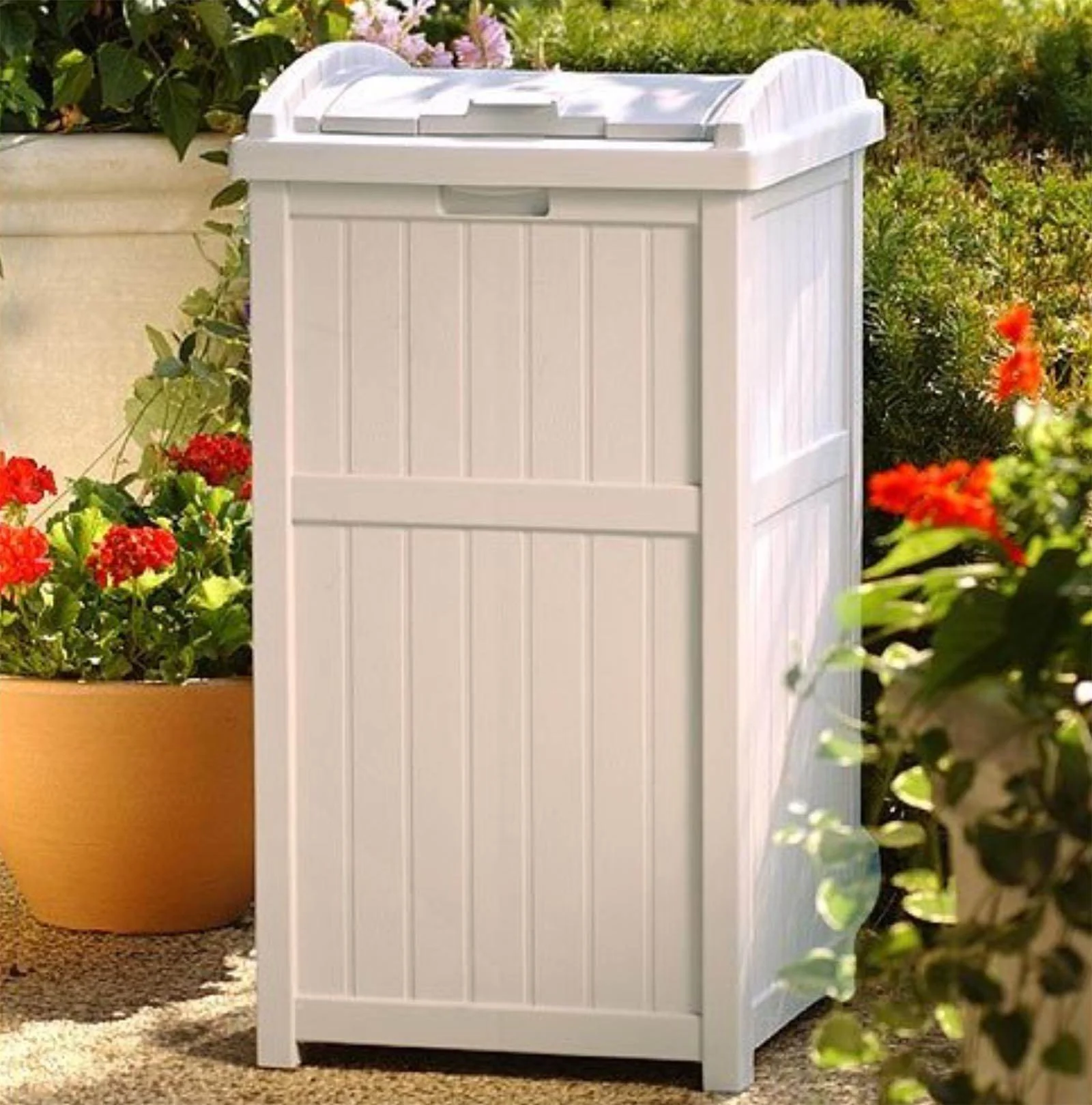 Suncast 30-33 Gallon Deck Patio Resin Garbage Trash Can Hideaway, Taupe (4 Pack) - Image 3