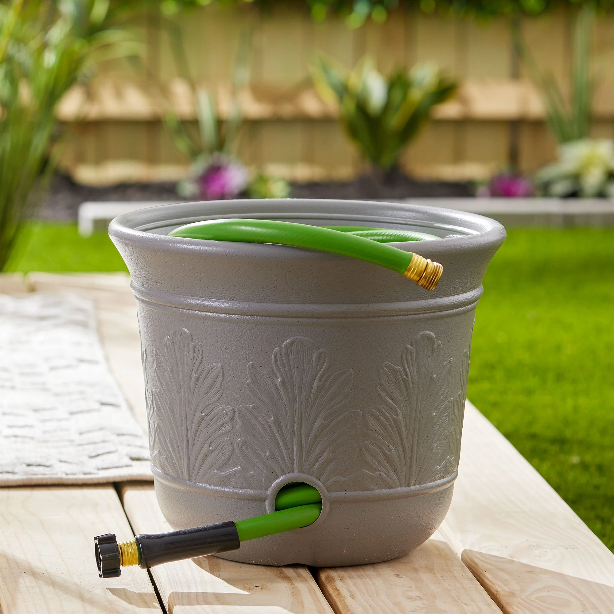 Suncast 300 Foot Heavy Duty 5 Gallon Decorative Garden Hose Pot, Gray (4 Pack) - Image 11