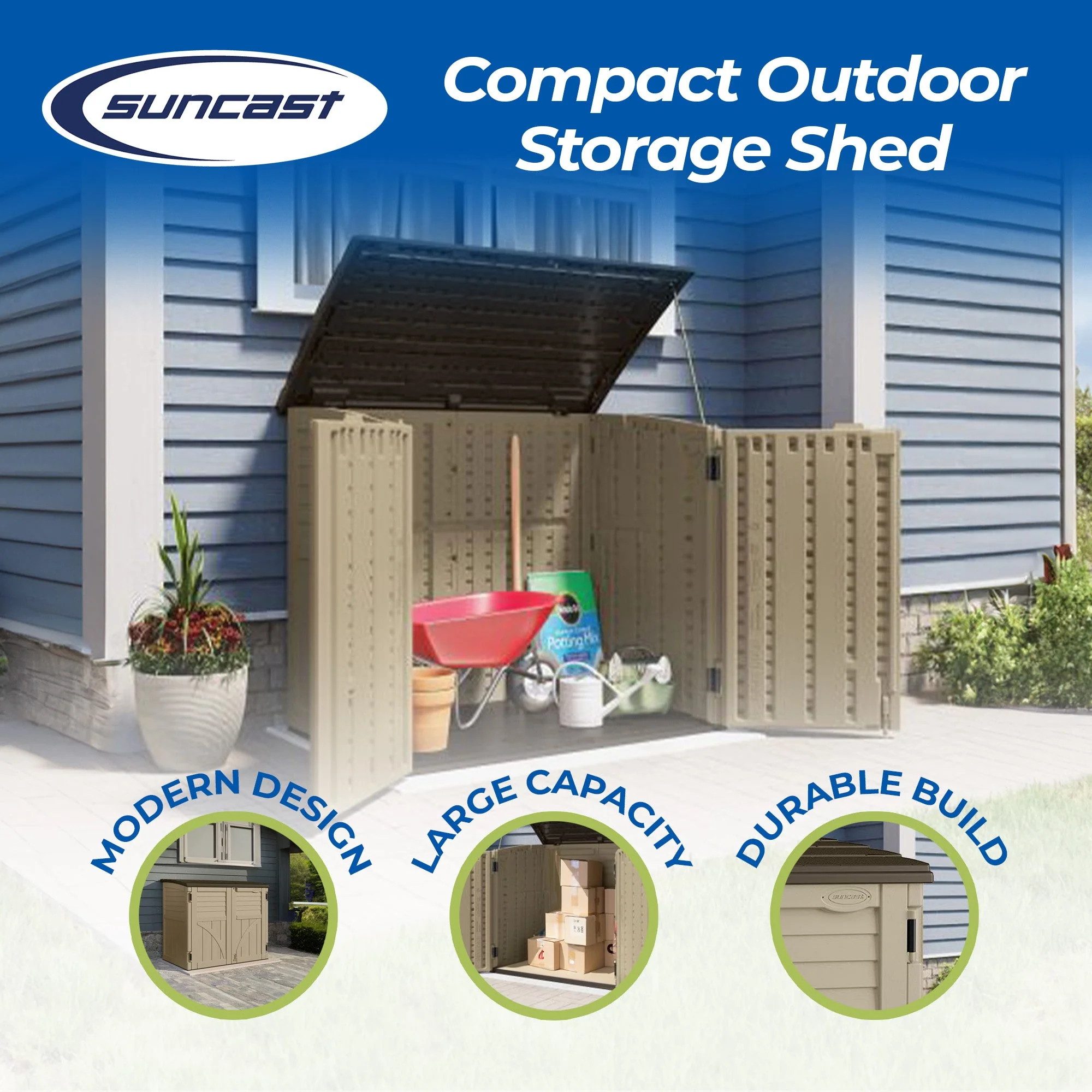 Suncast 34 Cubic Feet Horizontal Compact Storage Shed for Outdoor Spaces, Sand - Image 2