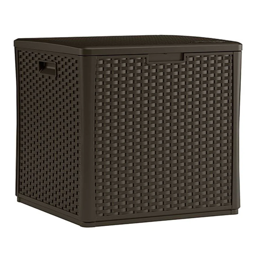 Suncast 60 Gallon Resin Wicker Design Cube Shape Storage Deck Box, Java (2 Pack) - Image 2