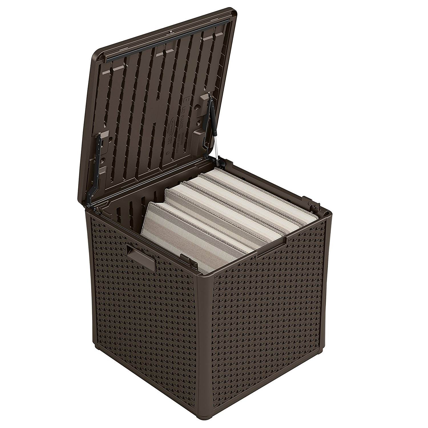 Suncast 60 Gallon Resin Wicker Design Cube Shape Storage Deck Box, Java (2 Pack) - Image 3