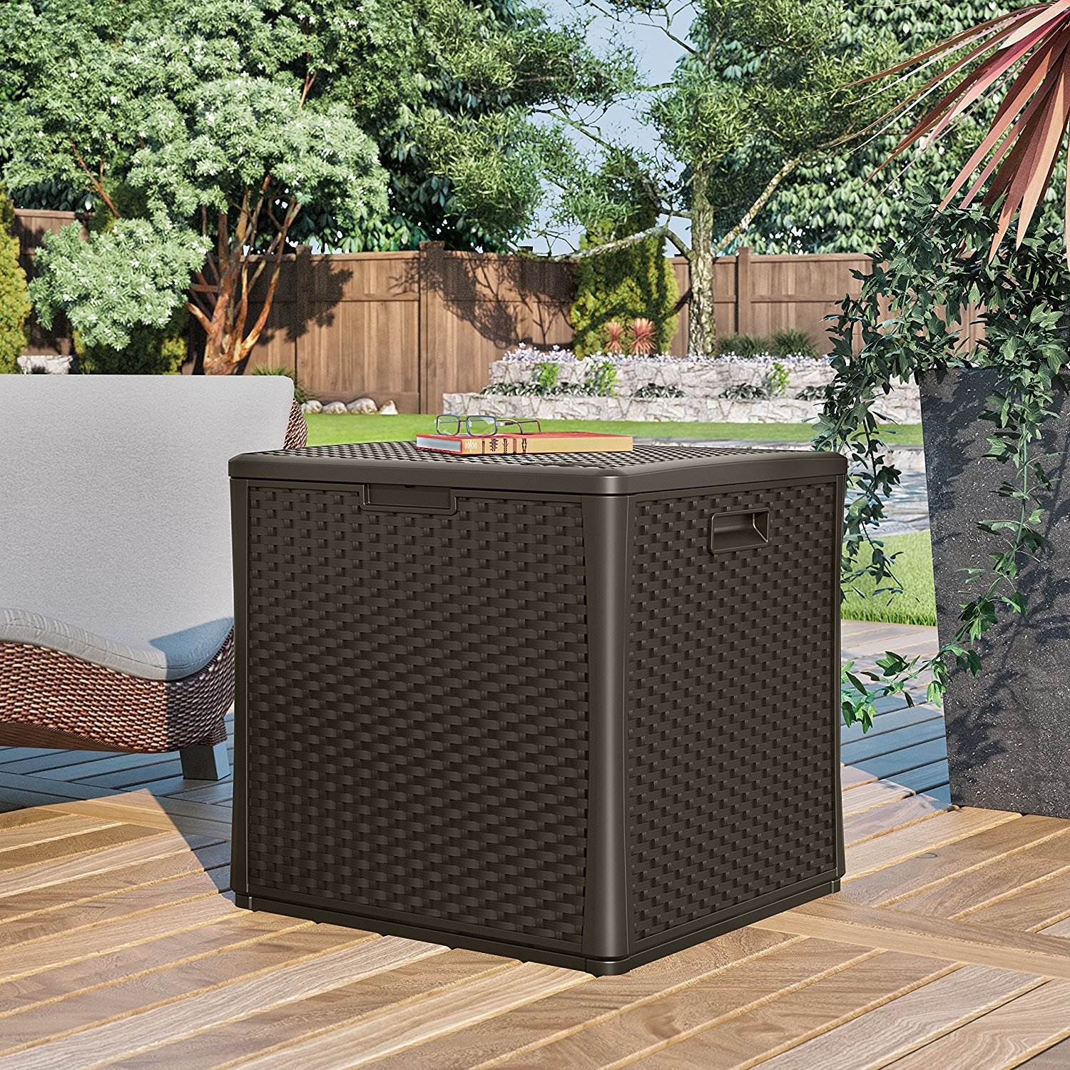 Suncast 60 Gallon Resin Wicker Design Cube Shape Storage Deck Box, Java (2 Pack) - Image 4