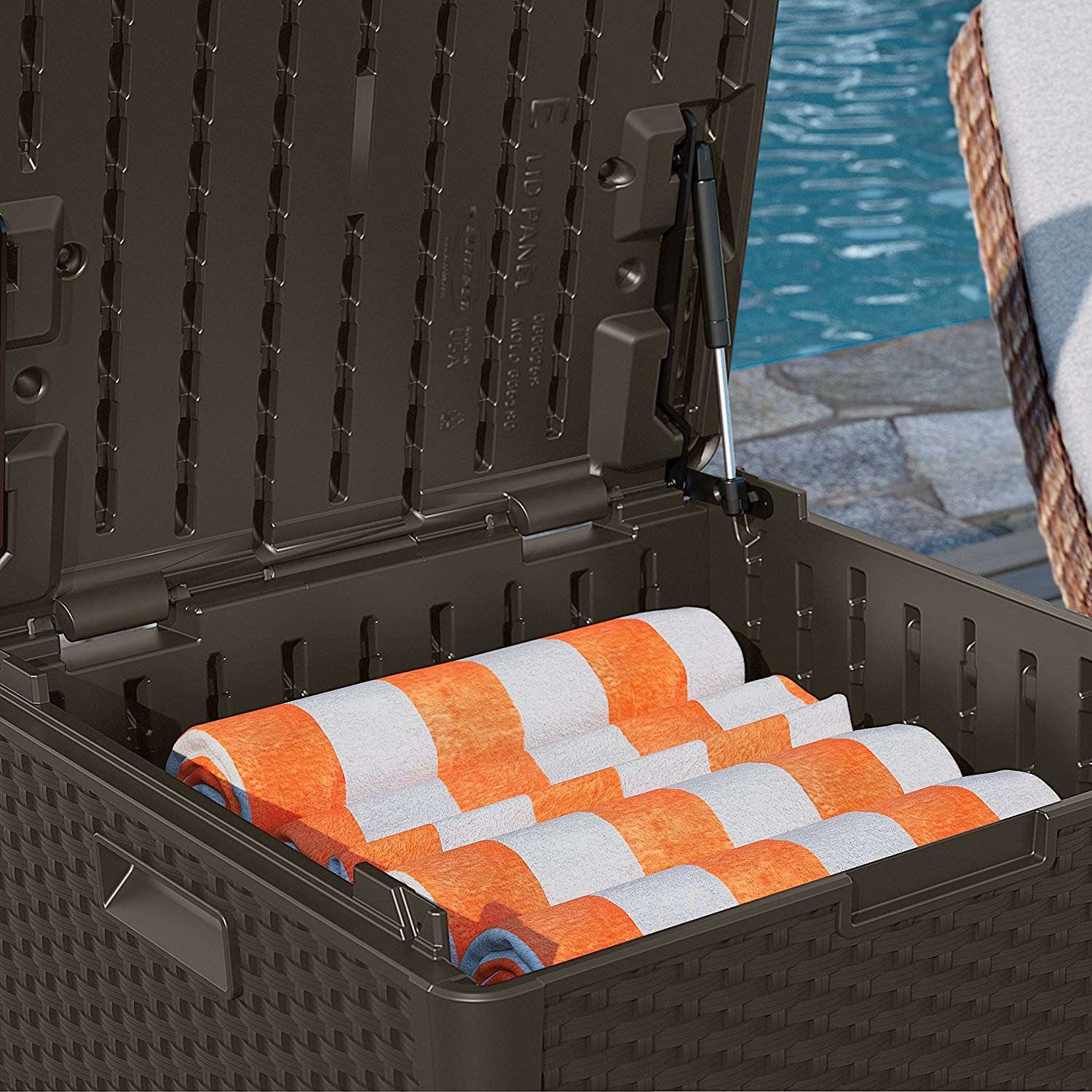 Suncast 60 Gallon Resin Wicker Design Cube Shape Storage Deck Box, Java (2 Pack) - Image 5