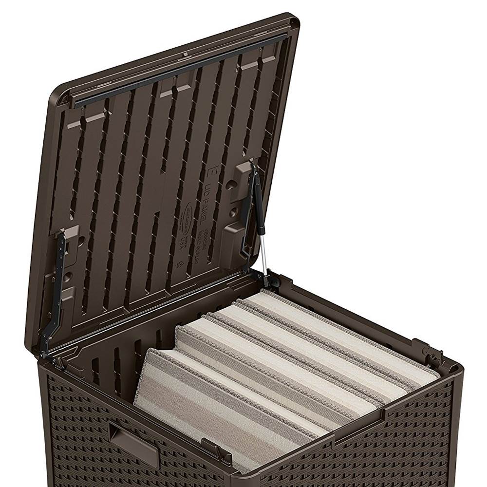 Suncast 60 Gallon Resin Wicker Design Cube Shape Storage Deck Box, Java (2 Pack) - Image 6