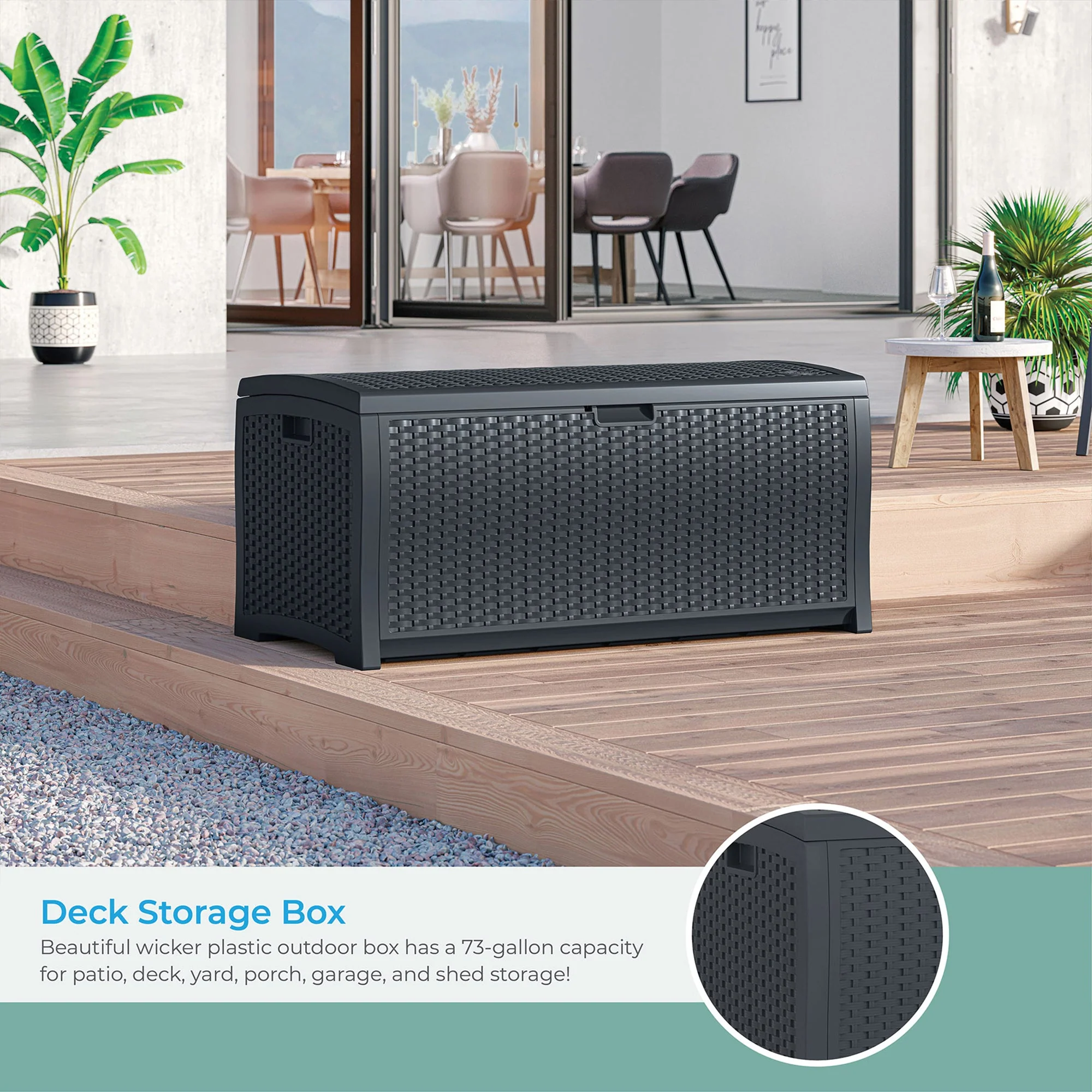 Suncast 73 Gallon Resin Wicker Outdoor Patio Storage Deck Box, Cyberspace - Image 3