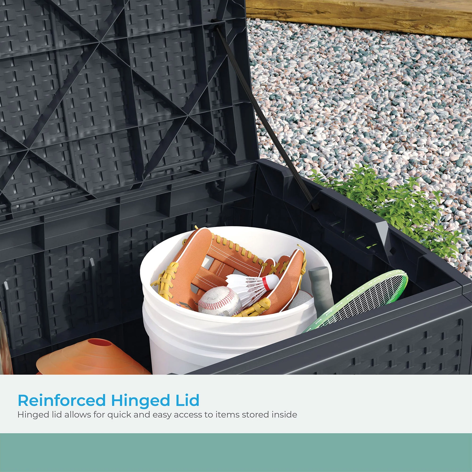 Suncast 73 Gallon Resin Wicker Outdoor Patio Storage Deck Box, Cyberspace - Image 6