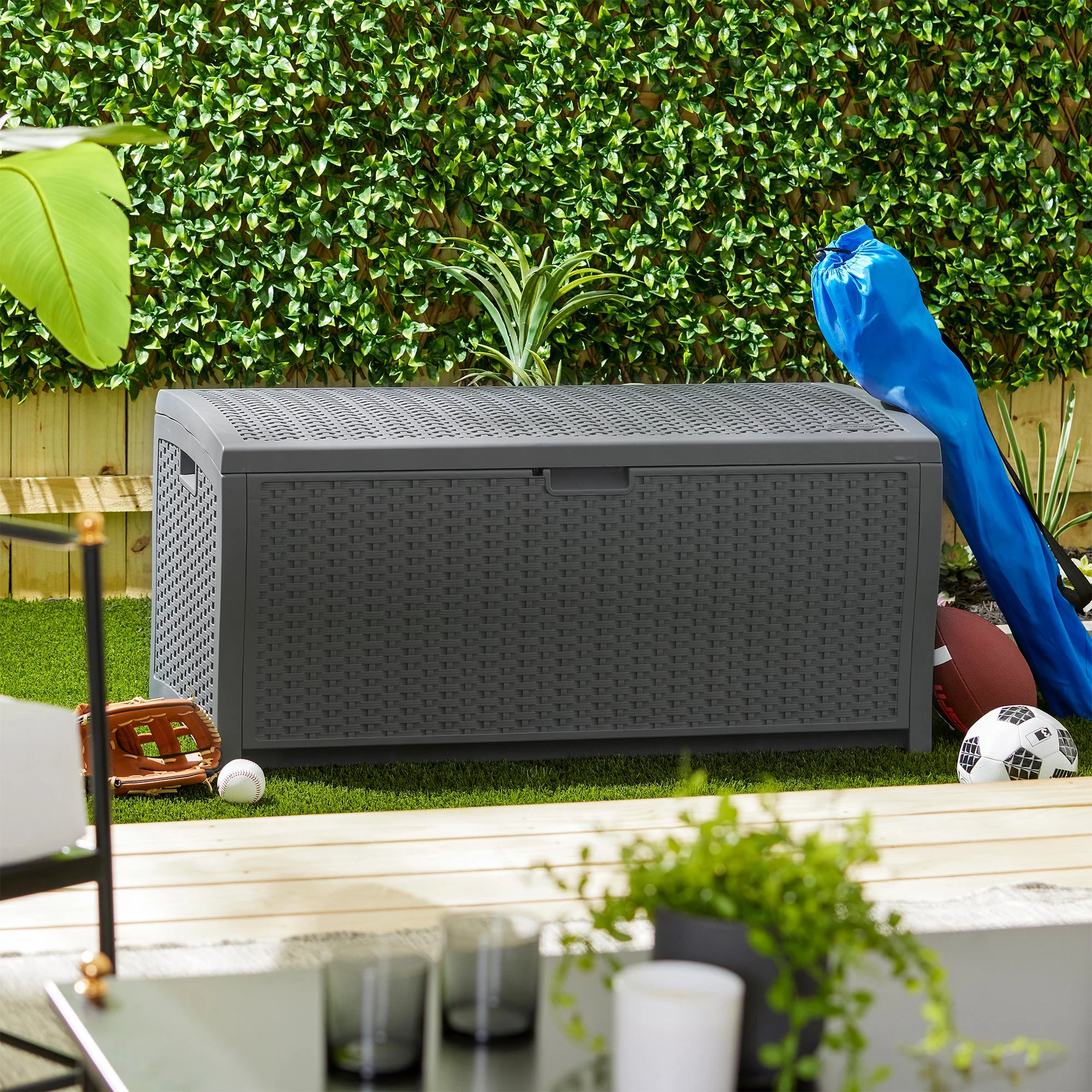 Suncast 73 Gallon Wicker Outdoor Patio Storage Deck Box, Cyberspace (2 Pack) - Image 10