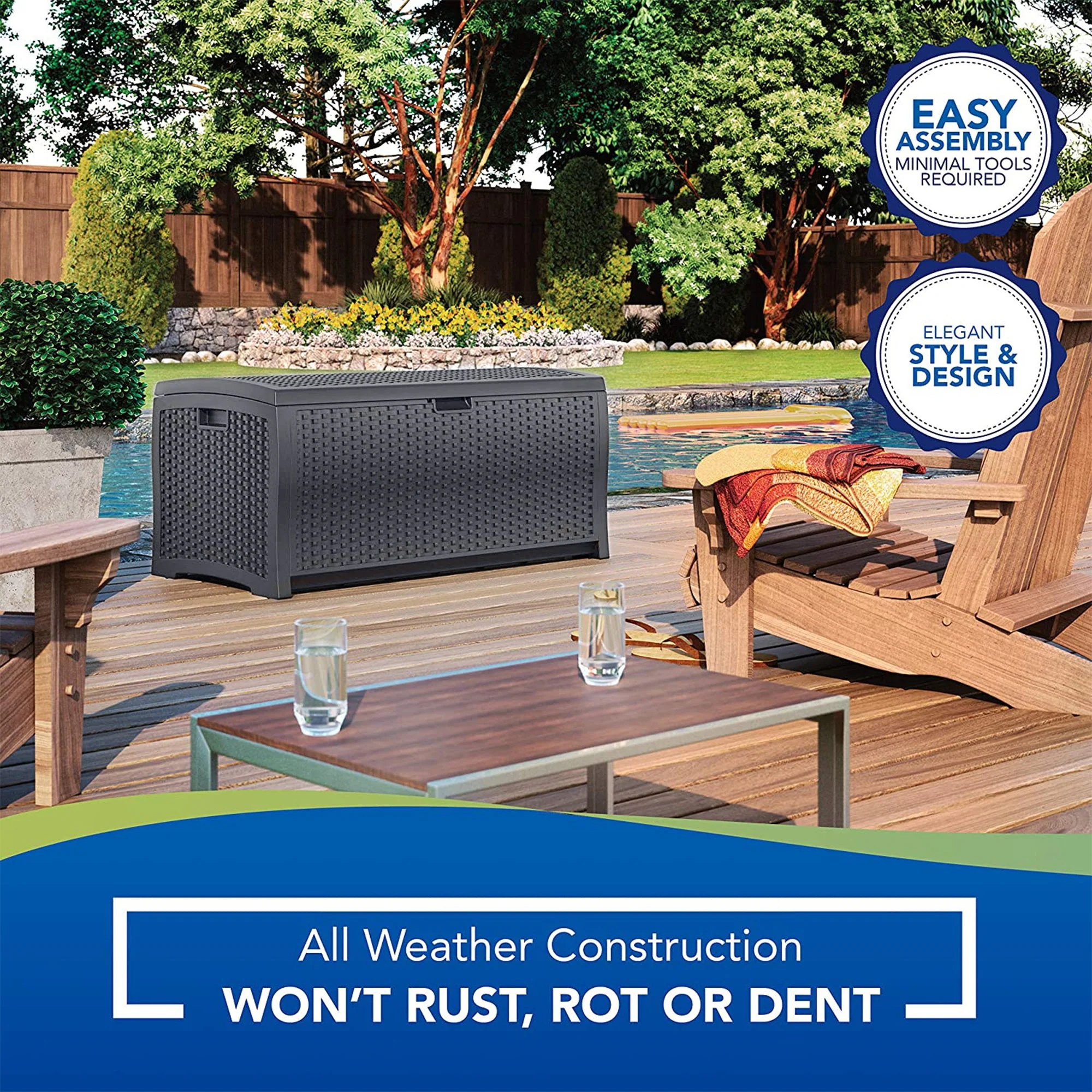 Suncast 73 Gallon Wicker Outdoor Patio Storage Deck Box, Cyberspace (2 Pack) - Image 5