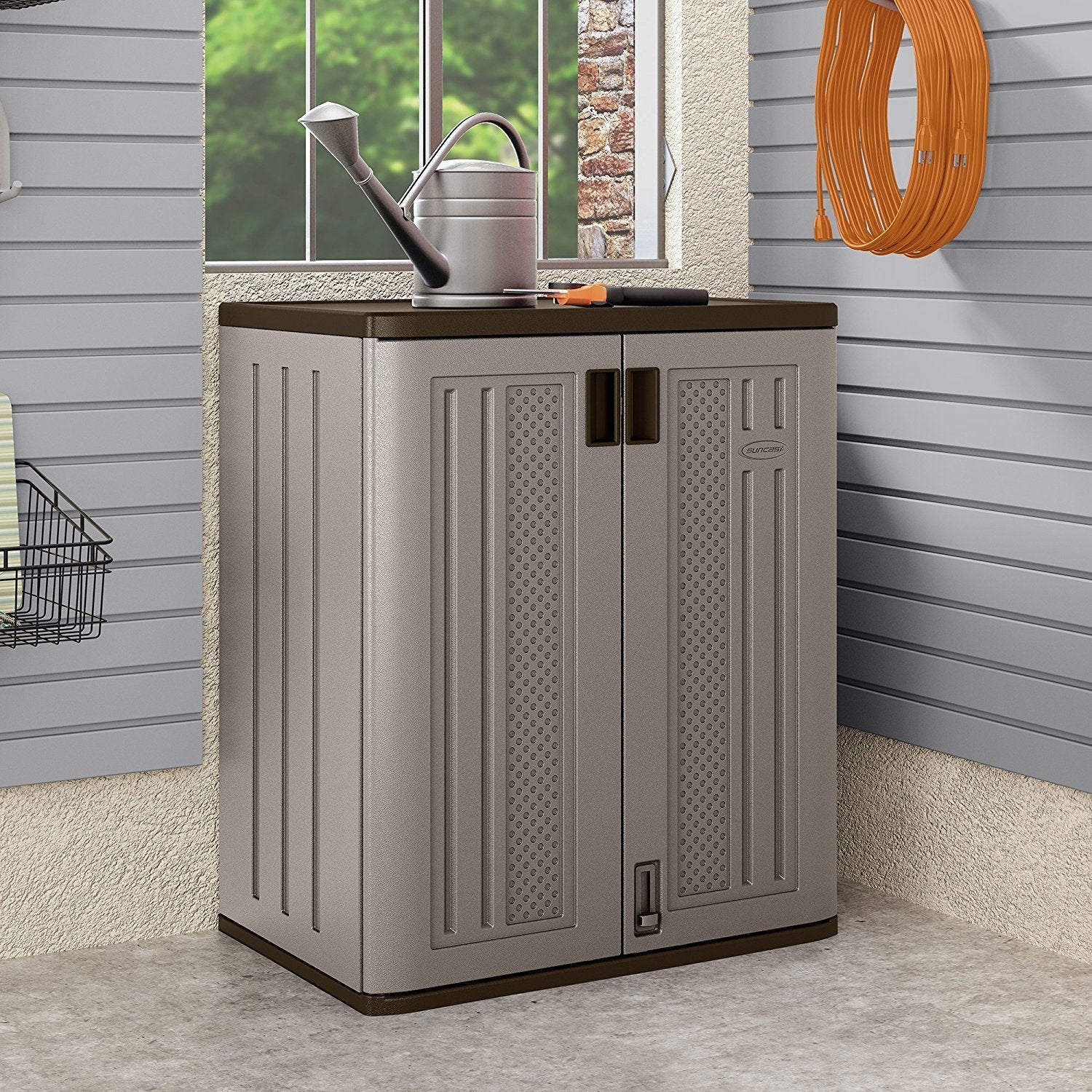 Suncast 9 Cu Ft Heavy Duty Resin Garage Base Storage Cabinet, Platinum (3 Pack) - Image 5