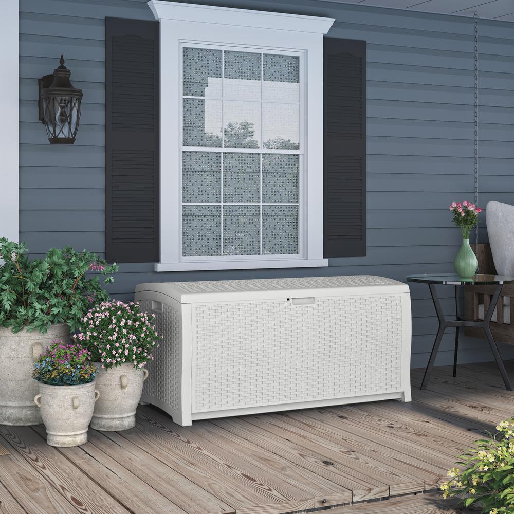 Suncast 99 Gallon Deck Garden Garage Home Wicker Resin Pool Box, White (2 Pack) - Image 3