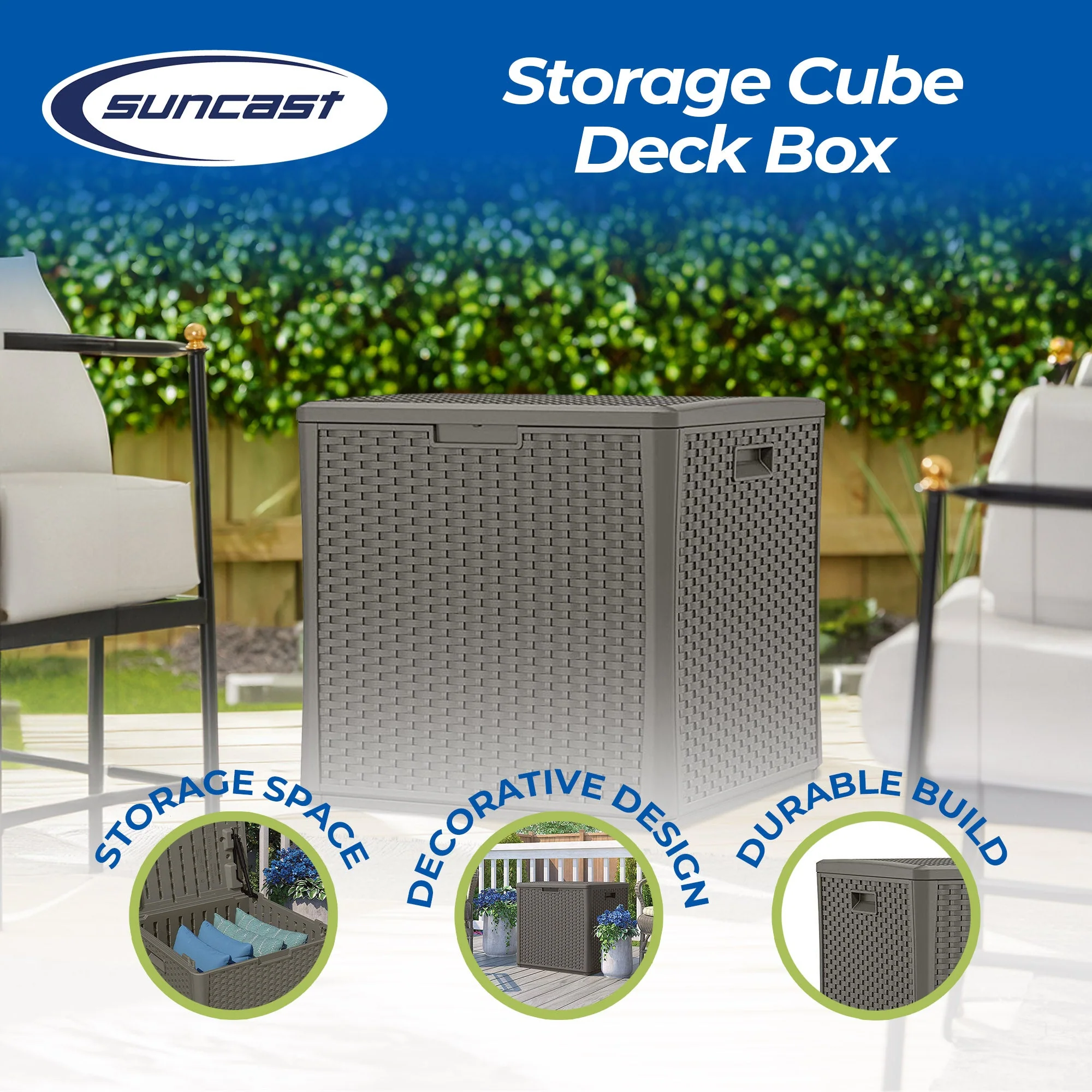 Suncast BMDB60ST 60 Gallon Resin Outdoor Patio Storage Cube Deck Box, Stoney - Image 2