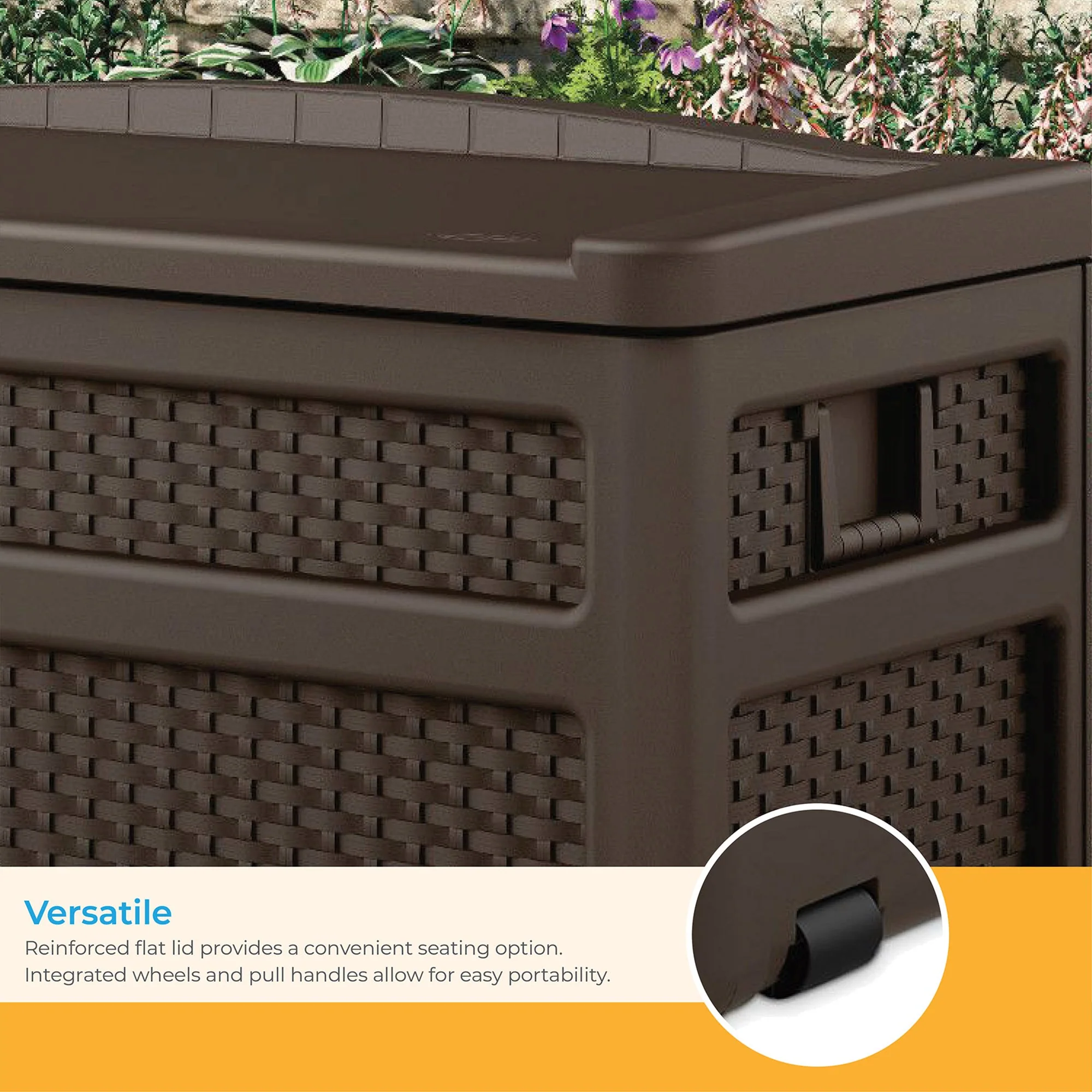 Suncast DBW7500 73 Gallon Outdoor Patio Storage Chest with Handles & Seat, Java - Image 5