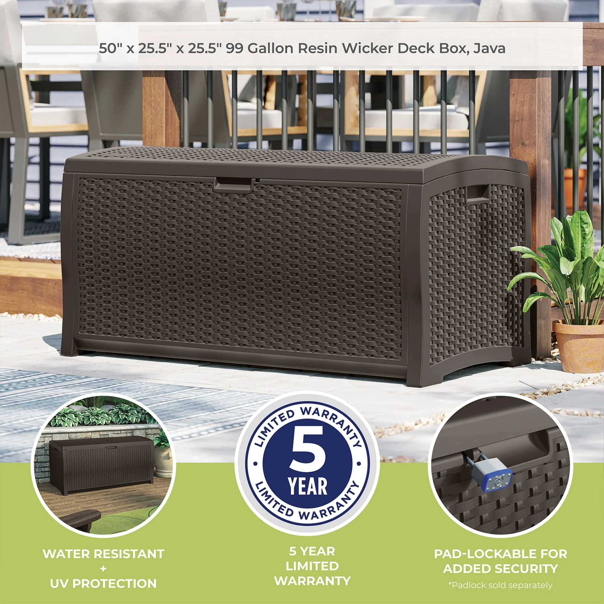 Suncast DBW9200 99 Gallon Outdoor Resin Patio Storage Chest with Handles, Mocha - Image 7