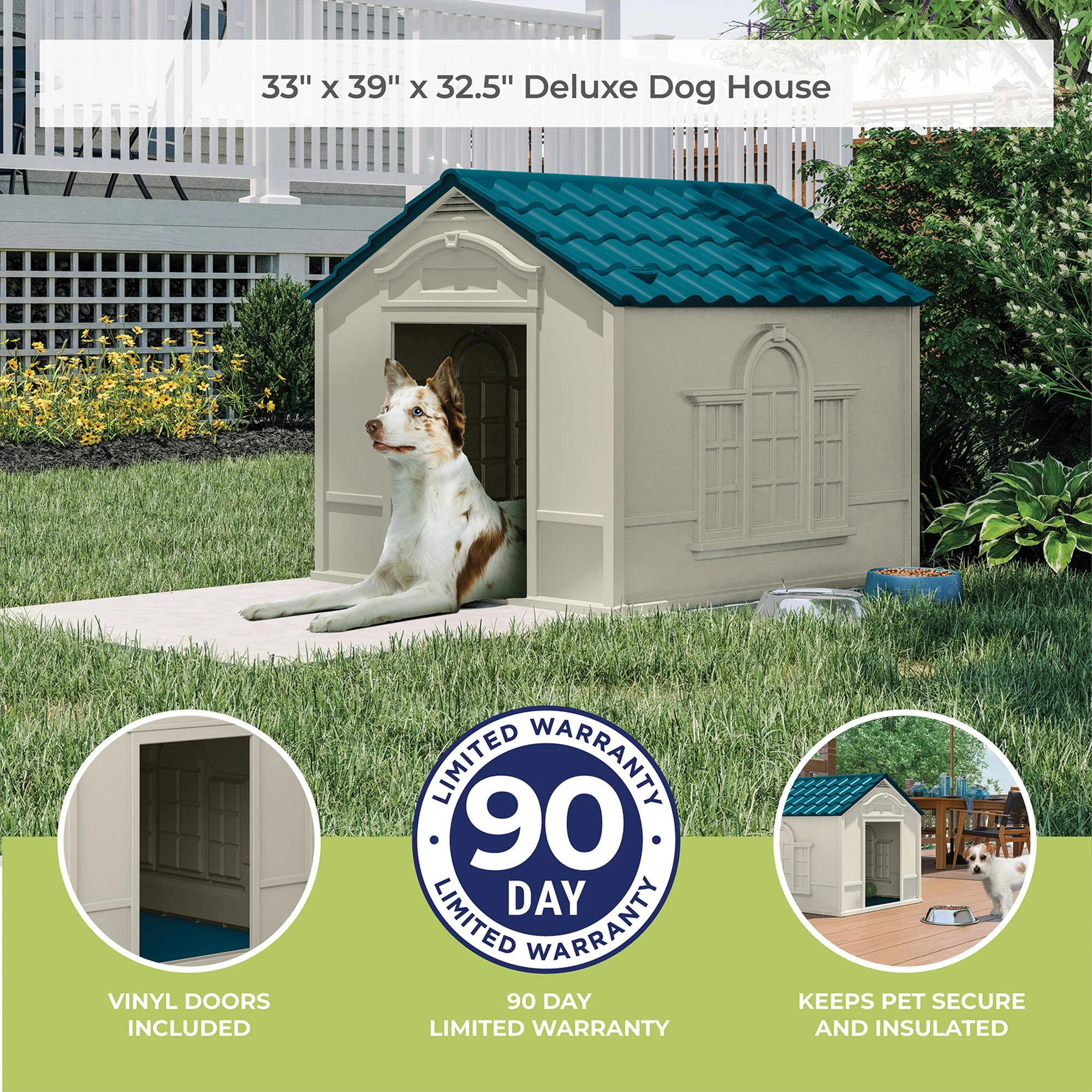 Suncast Deluxe Dog House with Vents and Crowned Channeled Floor, Taupe/Blue - Image 7