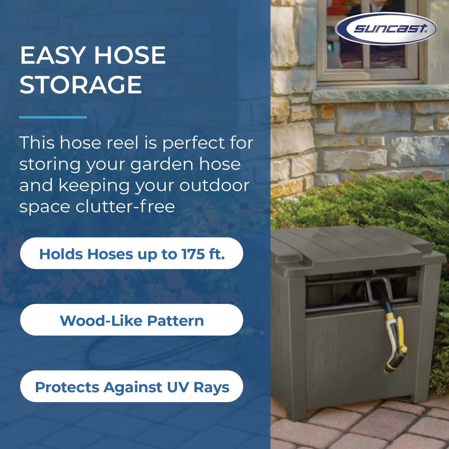 Suncast Farmington Hideaway Outdoor Garden Hose Storage Pot Container, Stoney - Image 2