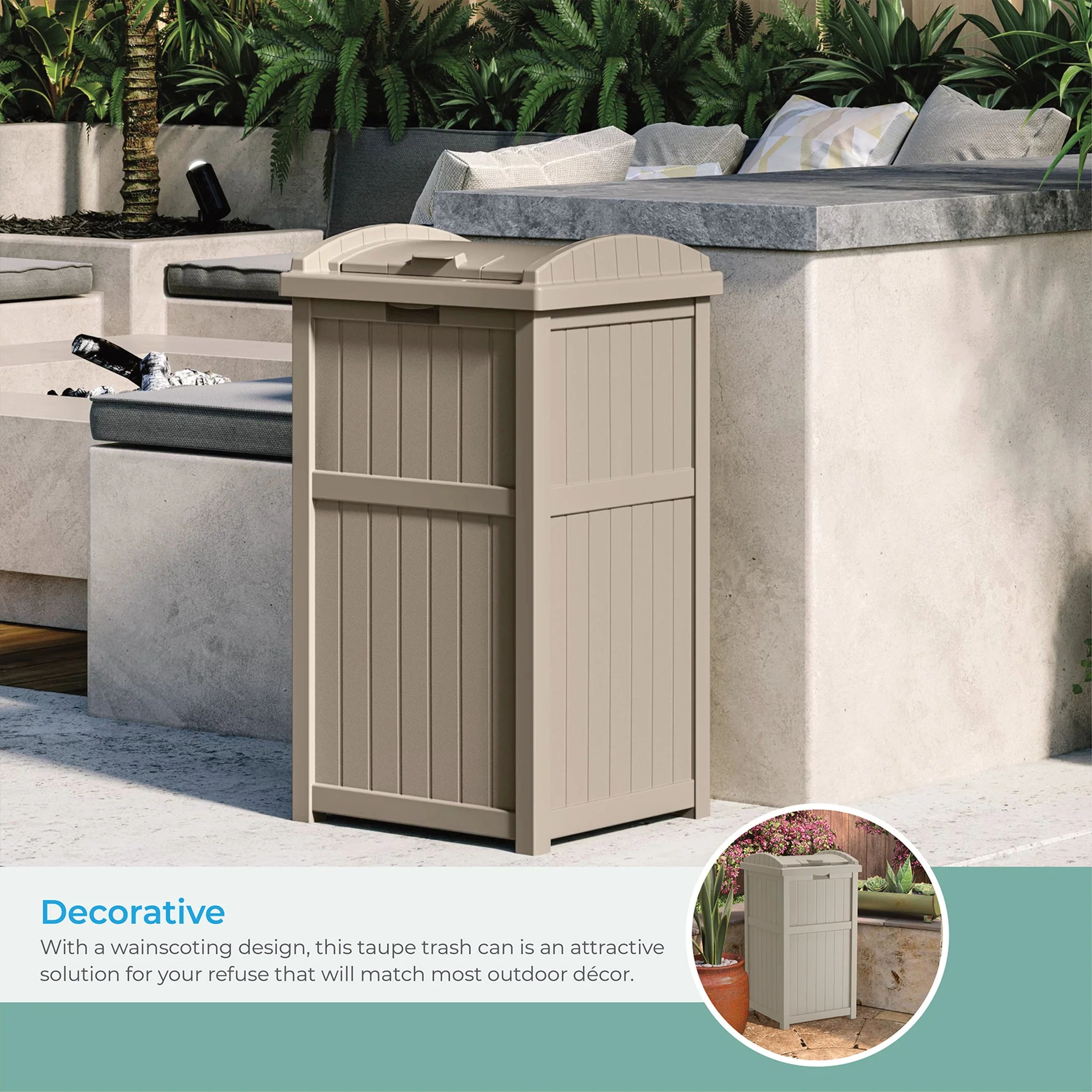 Suncast GH1732 Trash Hideaway 33 Gallon Resin Outdoor Garbage Container, Taupe - Image 6