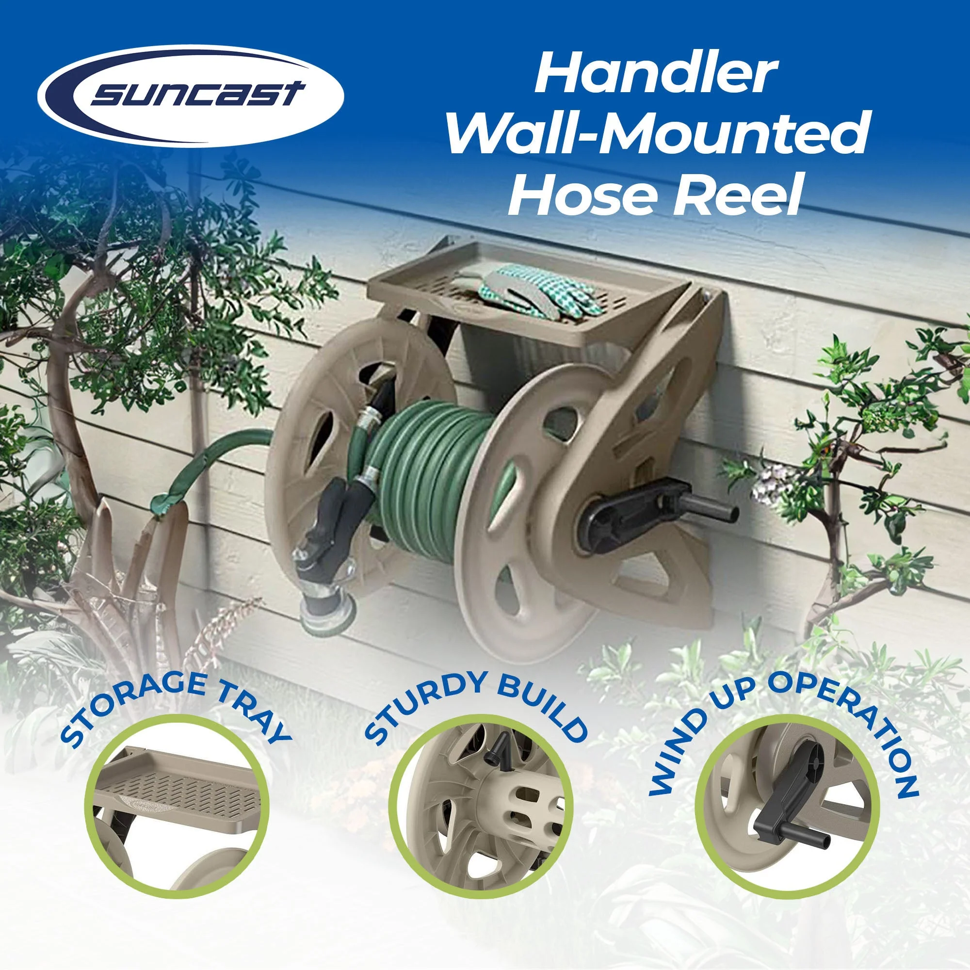 Suncast Handler 200 Foot Resin Wall Mounted Outdoor Garden Hose Reel, Taupe - Image 2