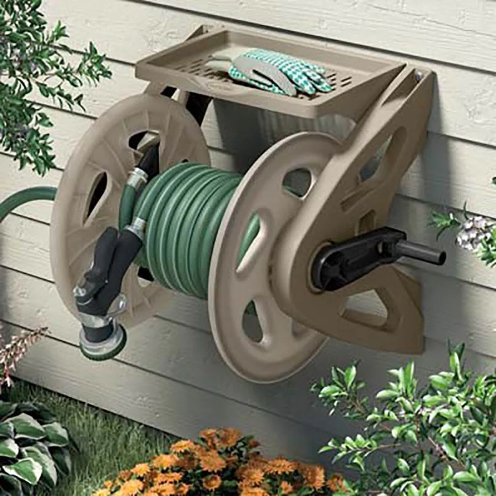 Suncast Handler 200 Foot Resin Wall Mounted Outdoor Garden Hose Reel, Taupe - Image 6