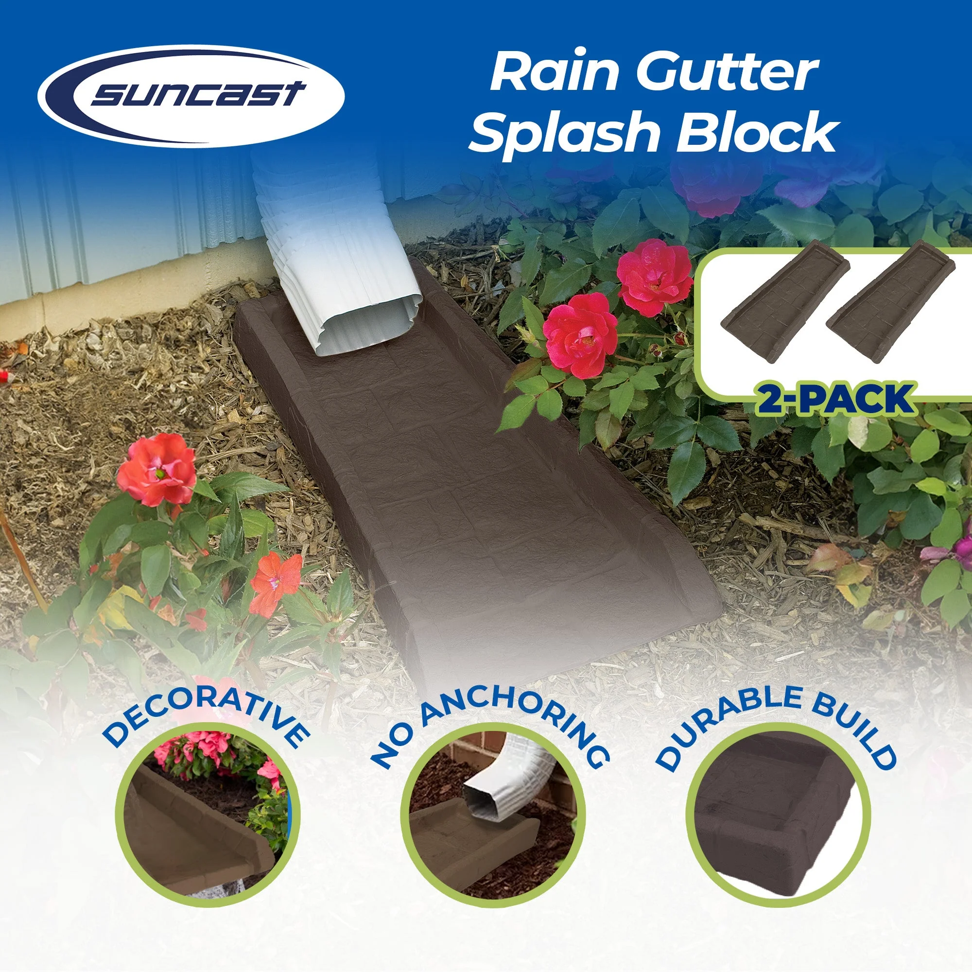 Suncast Outdoor Decorative Rain Gutter Downspout Splash Block, Java (2 Pack) - Image 2