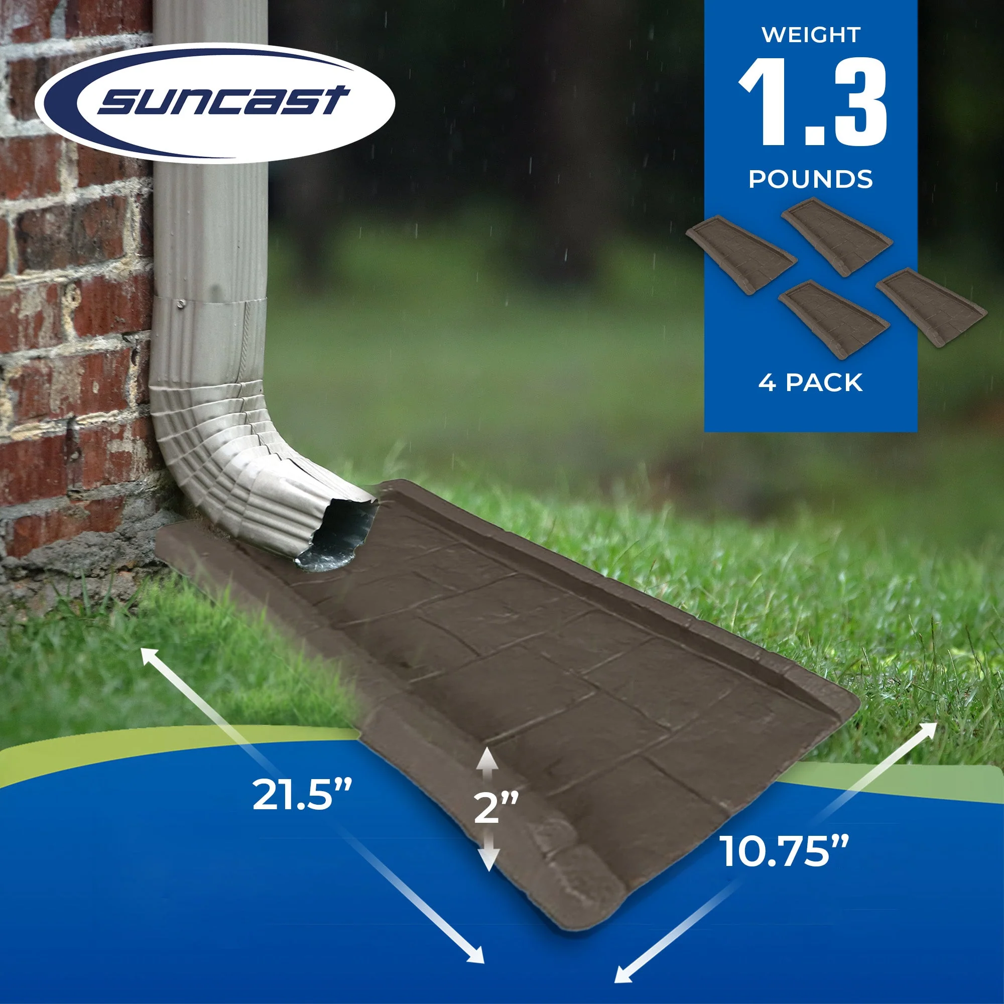 Suncast Outdoor Decorative Rain Gutter Downspout Splash Block, Java (4 Pack) - Image 2