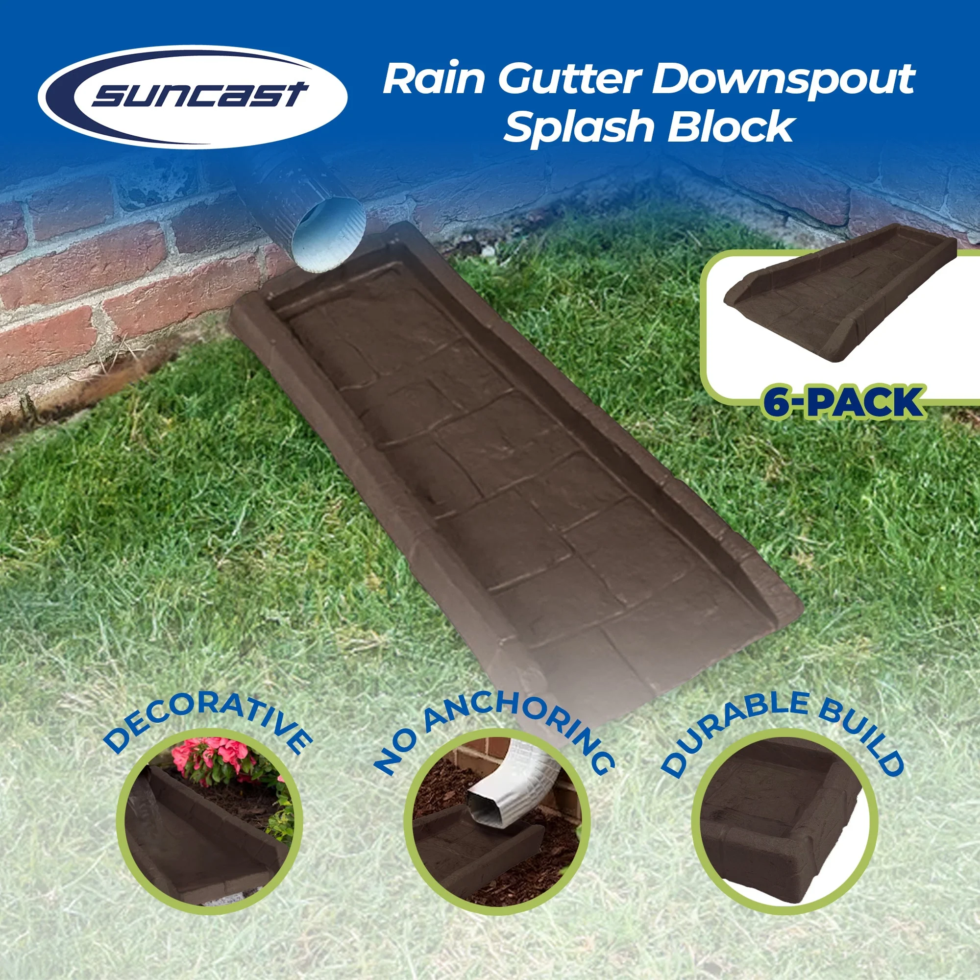 Suncast Outdoor Decorative Rain Gutter Downspout Splash Block, Java (6 Pack) - Image 2