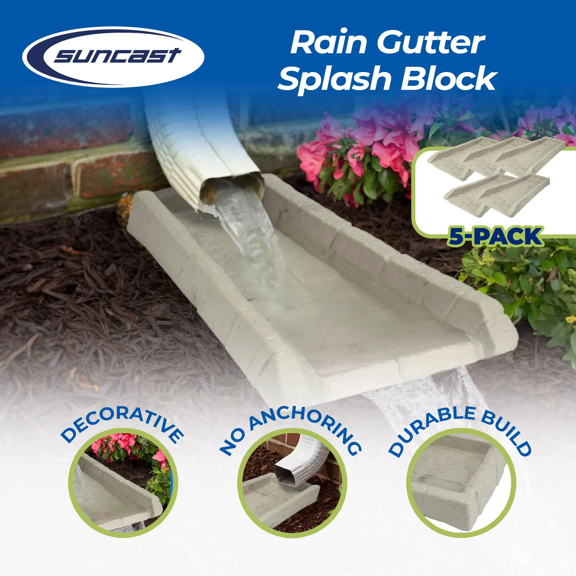 Suncast SB24 Decorative Rain Gutter Downspout Splash Block, Light Taupe (5 Pack) - Image 2
