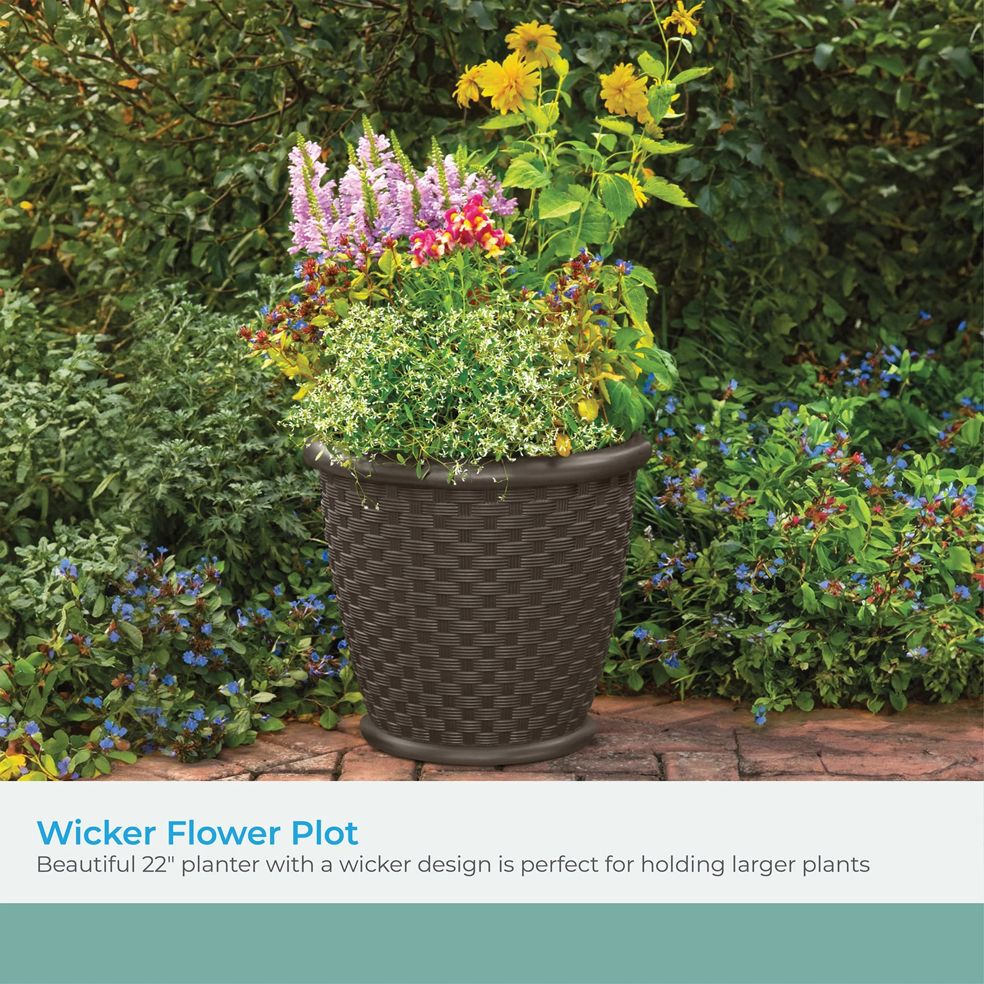 Suncast Sonora 22 Inch Resin Wicker Decorative Garden Flower Planter, Dark Brown - Image 3